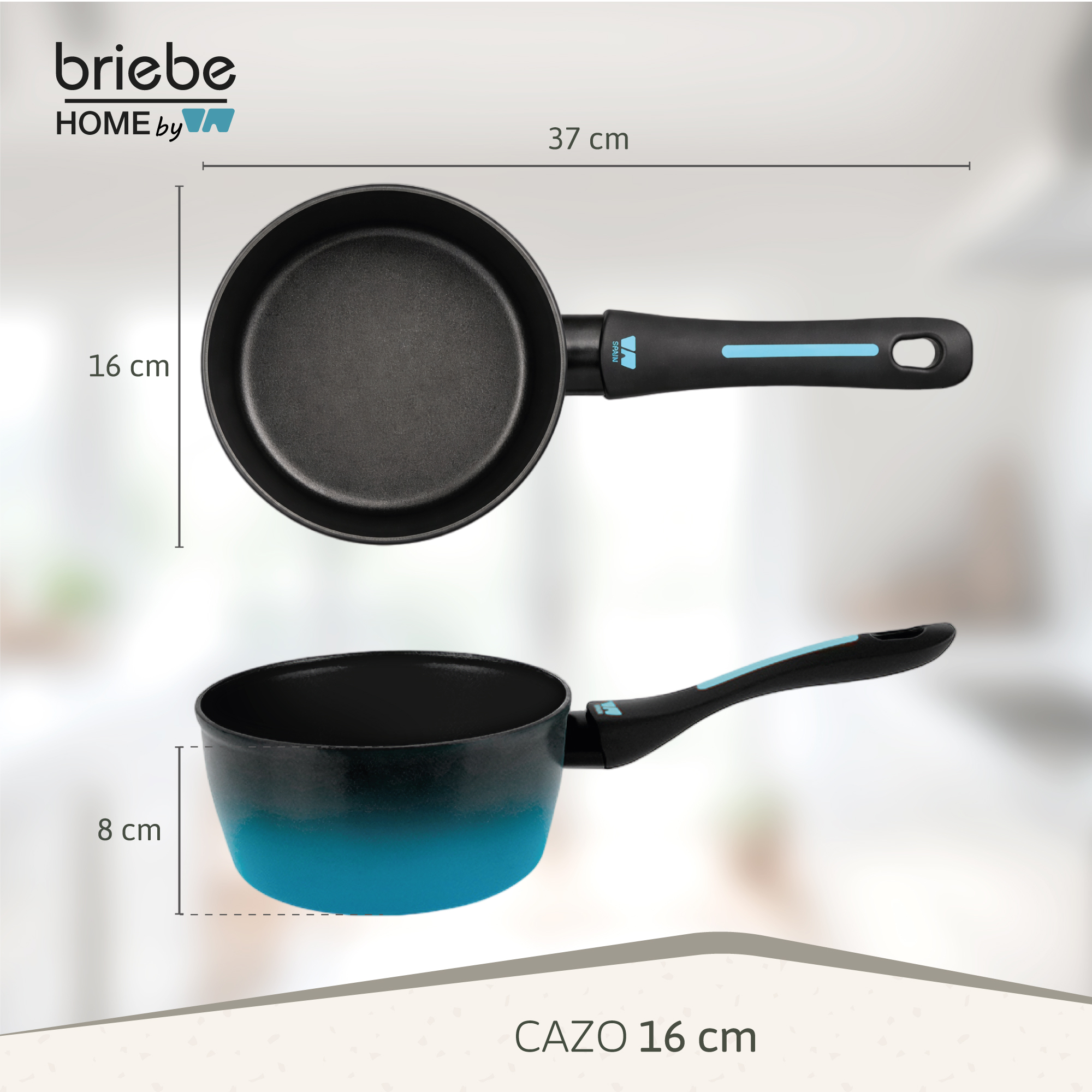 Una cacerola negra con degradado azul y mango negro con detalles azules.