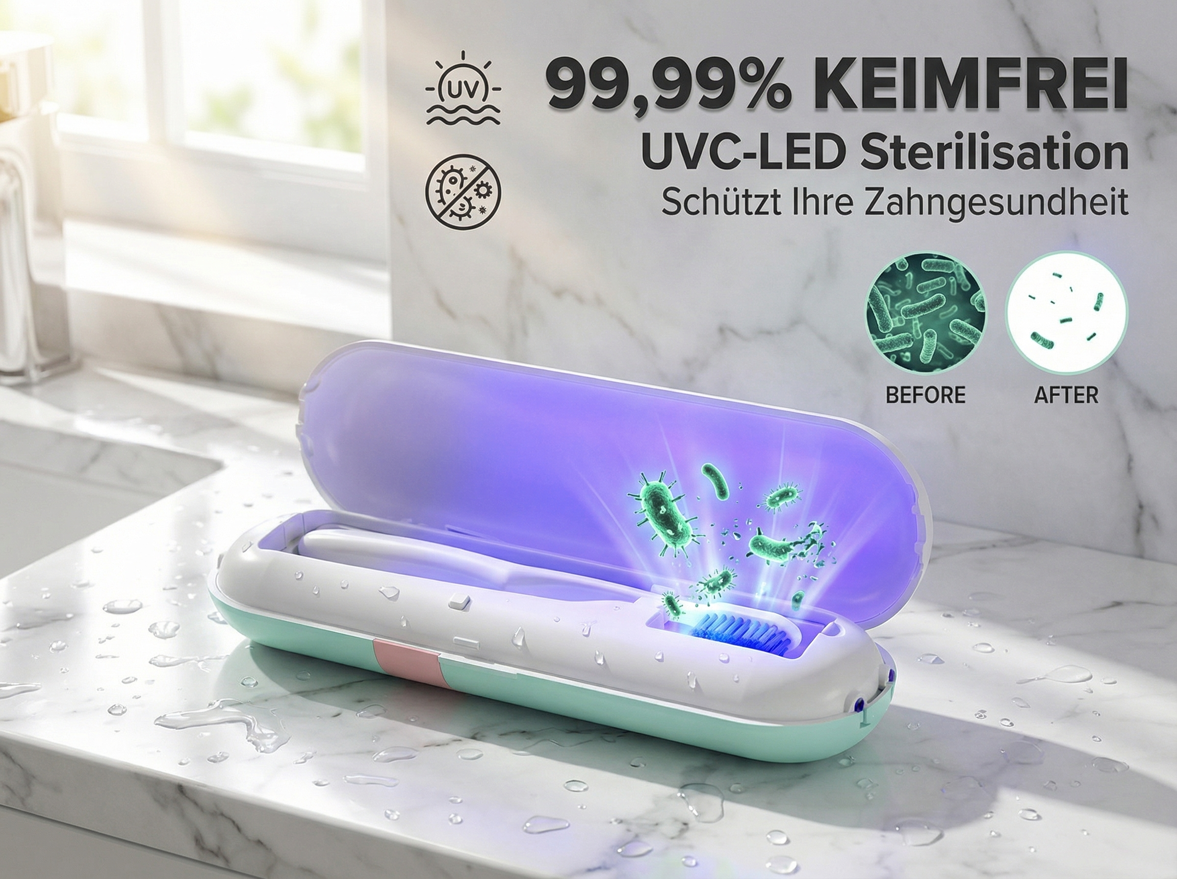 Ein UV-Sterilisator für Zahnbürsten mit blauem Licht und Bakterien-Symbolen.