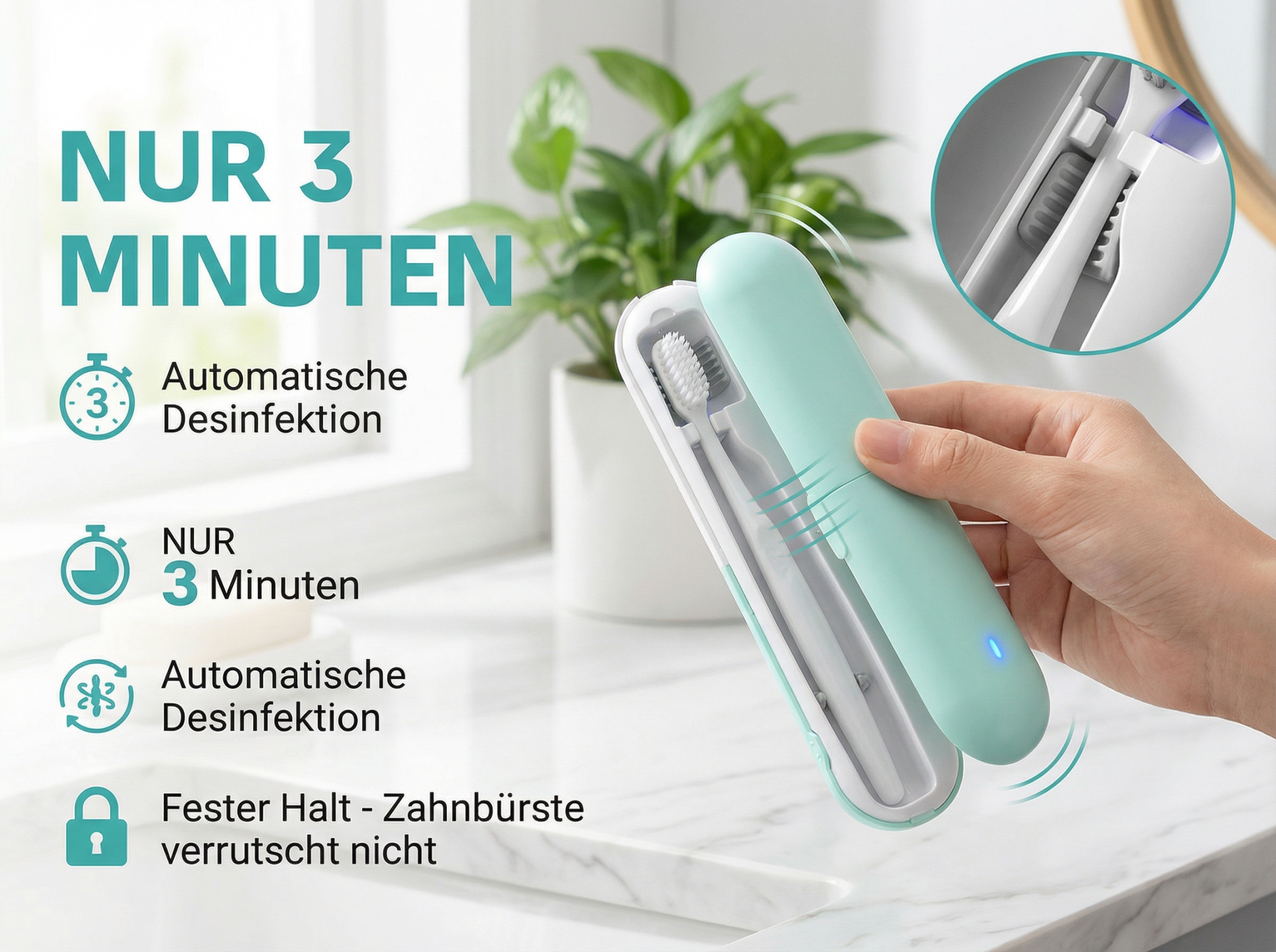 Eine Hand hält eine mintgrüne Zahnbürstenhülle mit einer Zahnbürste darin.