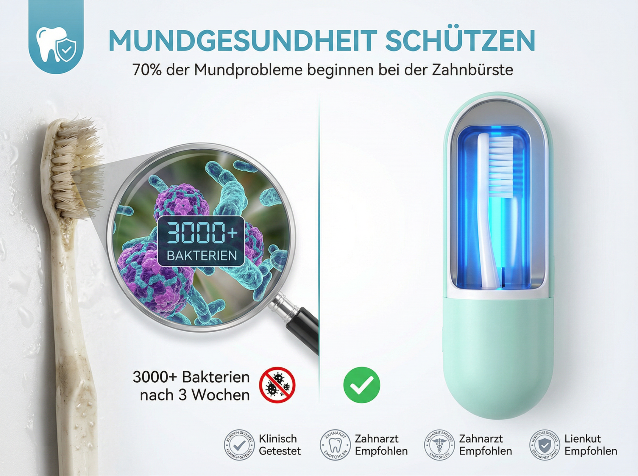Eine schmutzige Zahnbürste mit sichtbaren Bakterien neben einem UV-Sterilisator.