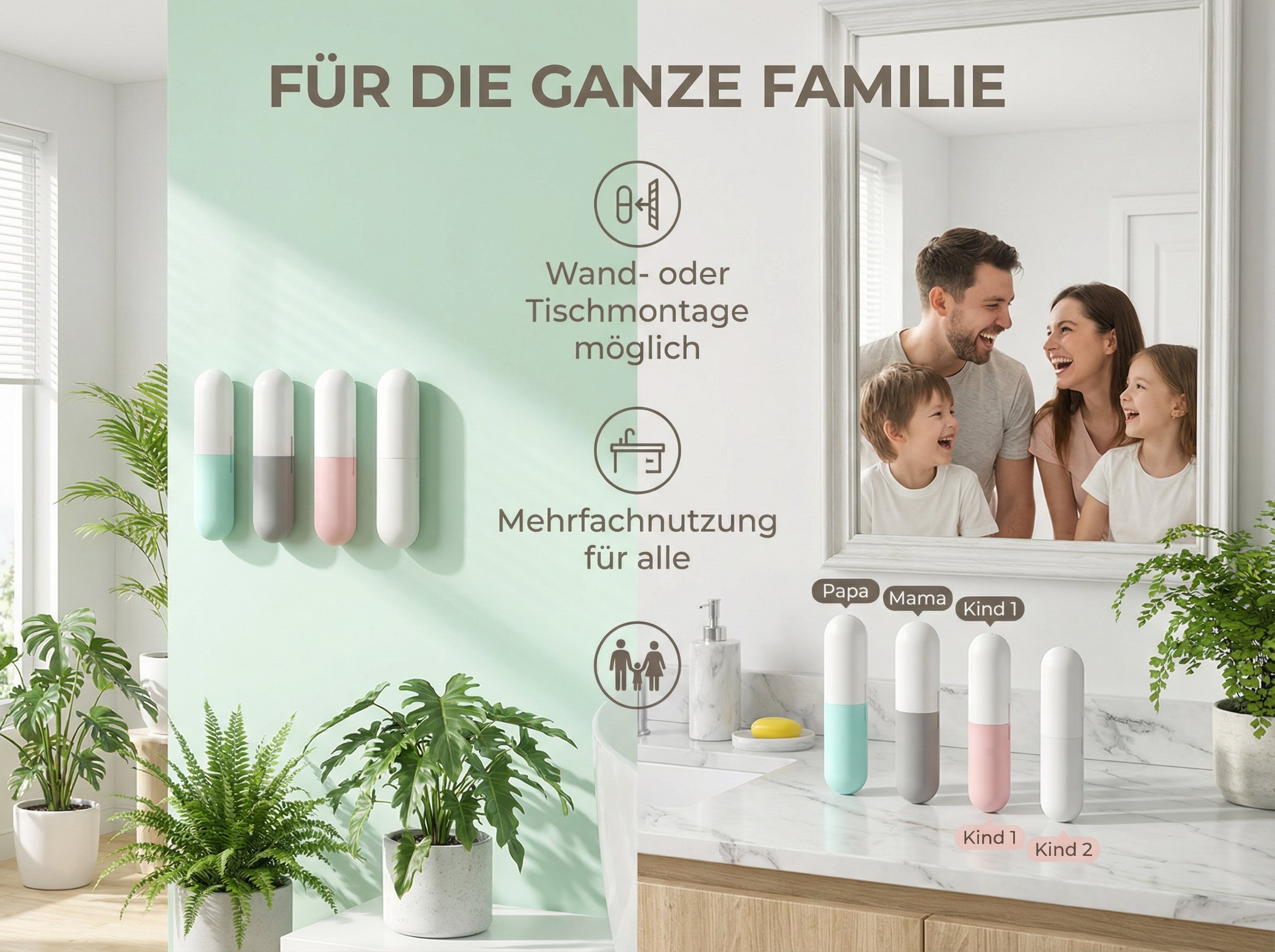 Ein Badezimmer mit Pflanzen, Spiegel mit Familie und bunten Seifenspendern.