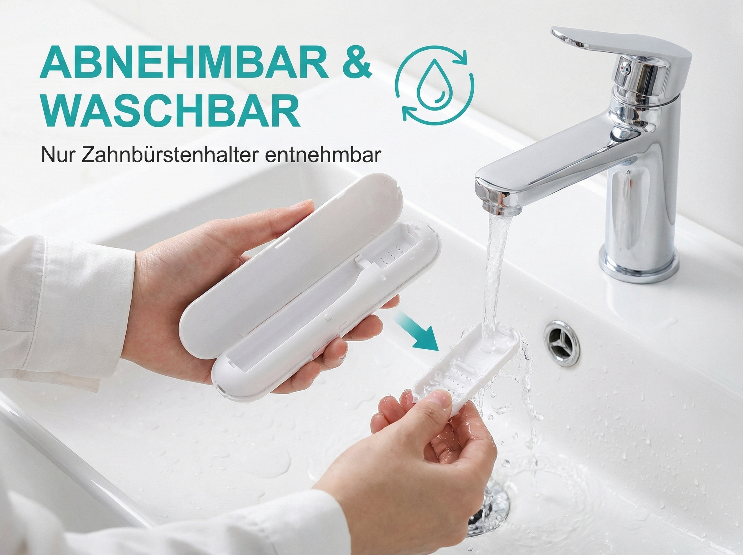 Hände waschen eine weiße Zahnbürstenhülle unter fließendem Wasser in einem Waschbecken.