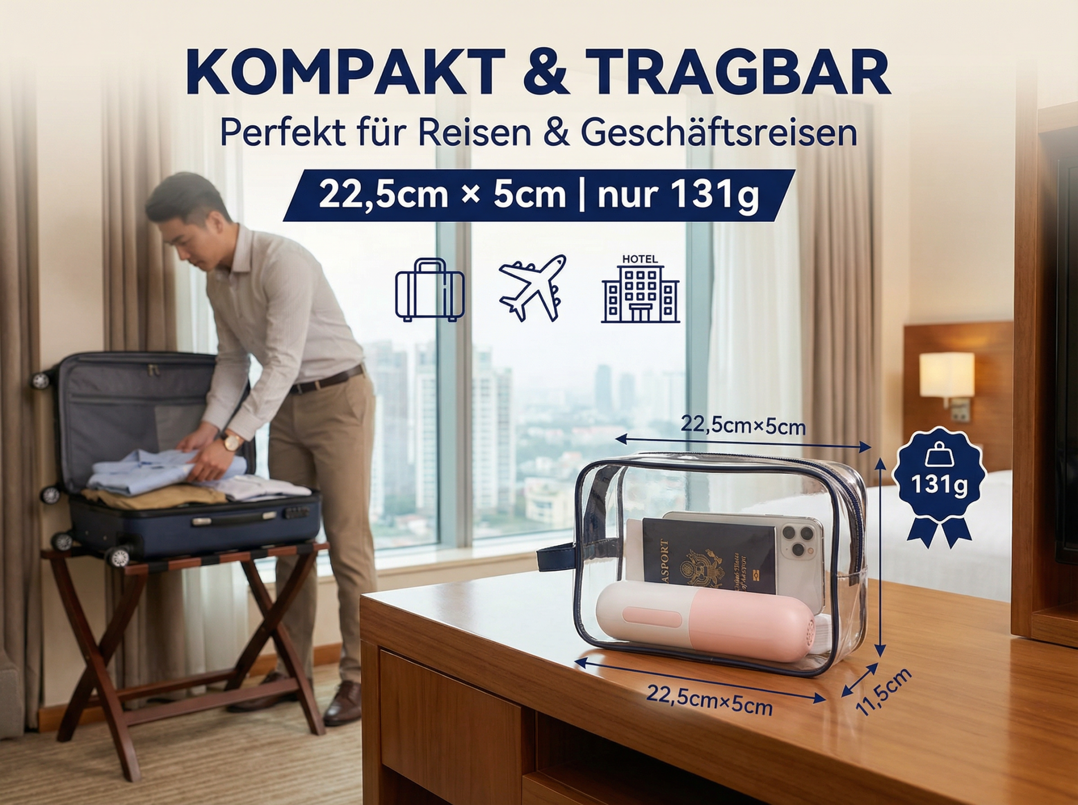 Mann packt Koffer, transparente Tasche mit Reisepass & Handy auf Tisch.