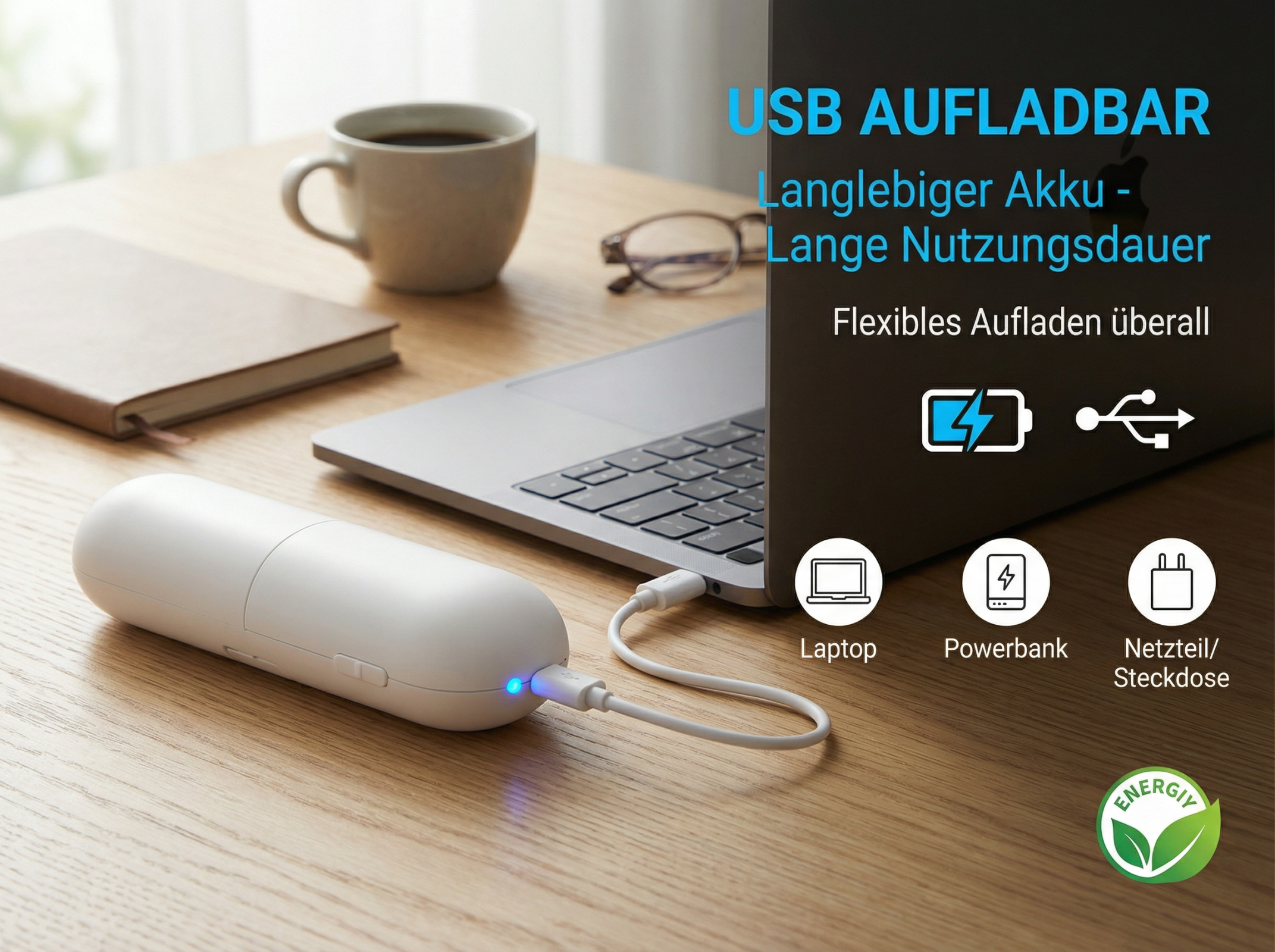 Ein weißer tragbarer Akku lädt einen Laptop auf einem Holztisch auf.