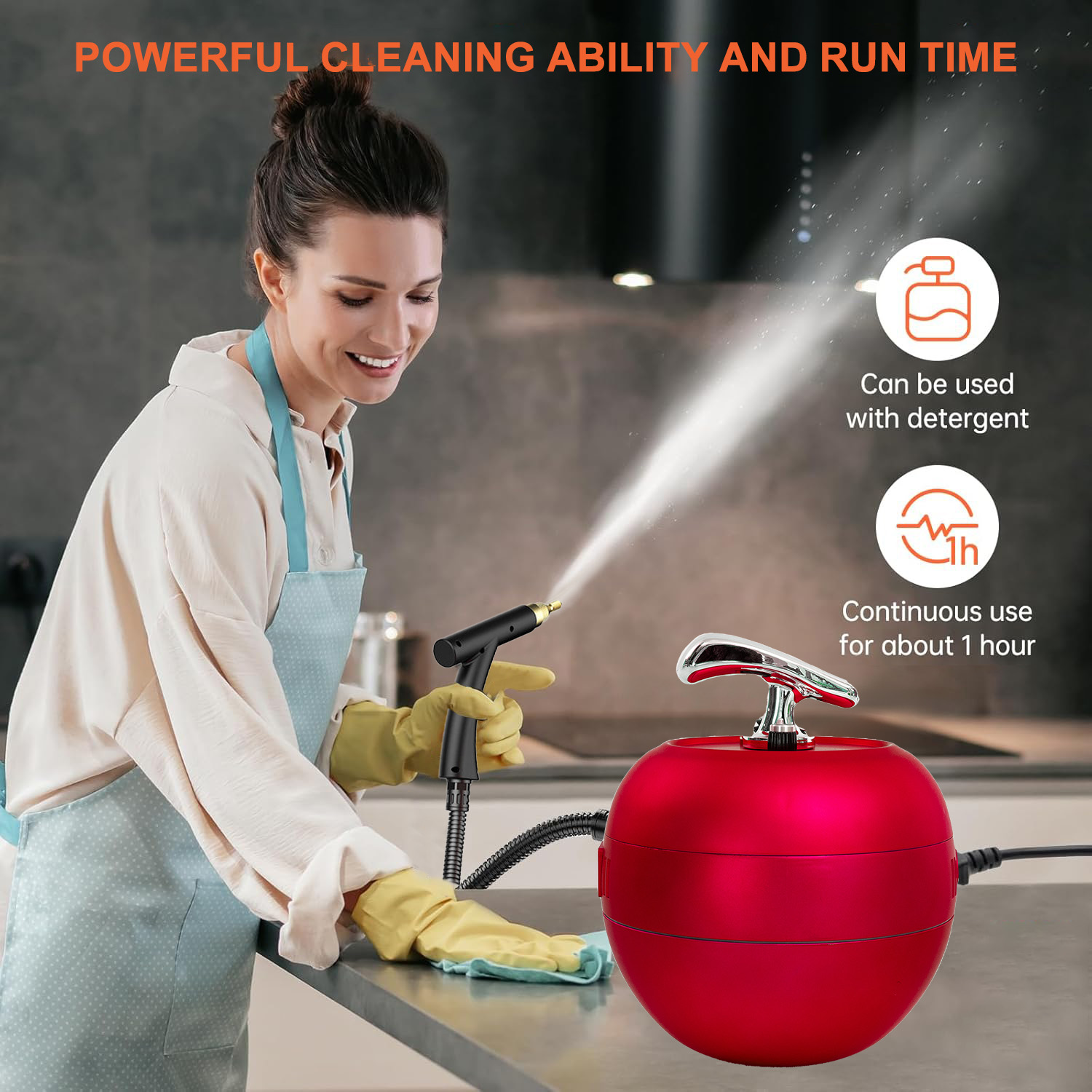 Kobieta sprząta myjką parową. Czerwona jednostka, pistolet natryskowy i ikony detergentu i 1h użytkowania.