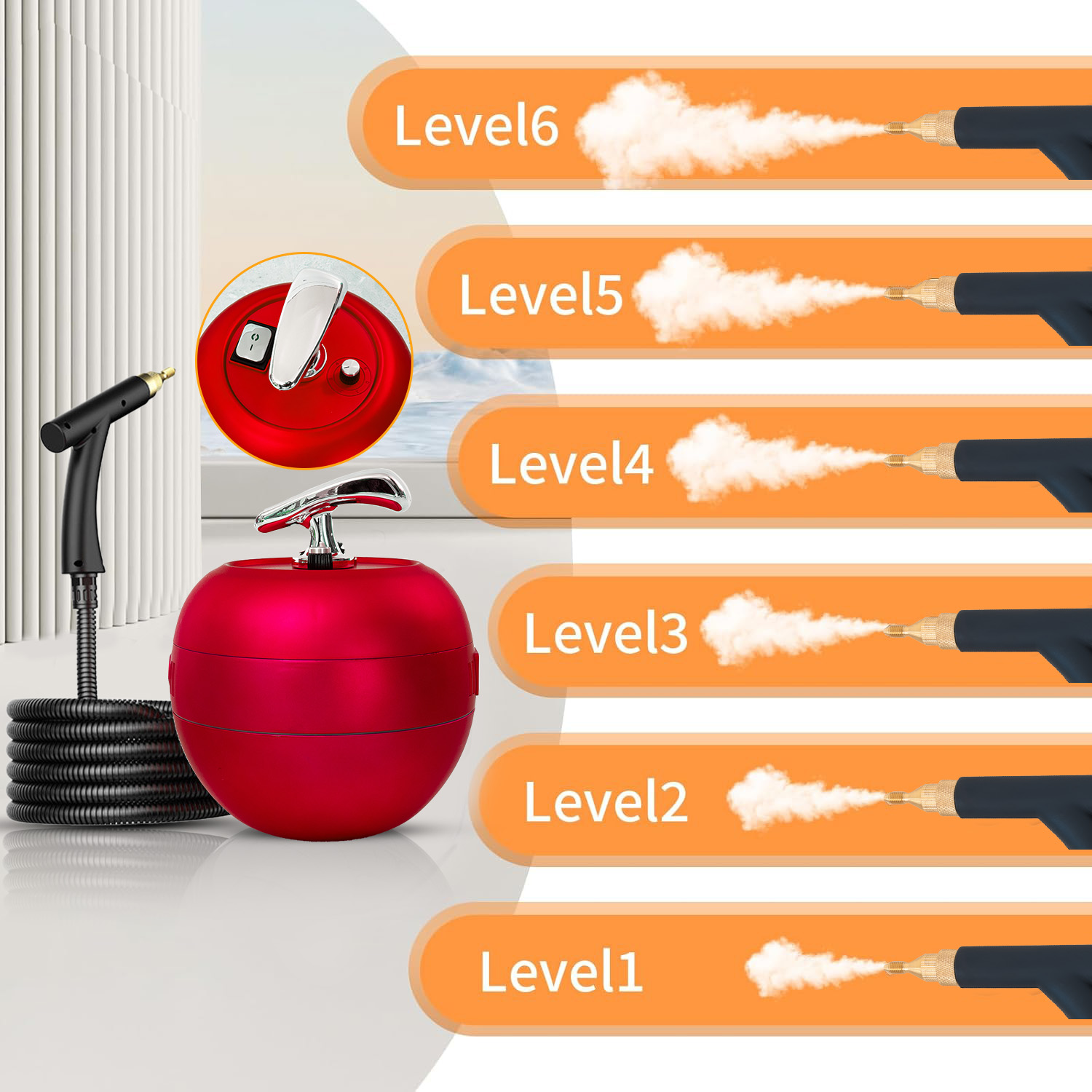 Czerwony czyścik parowy z wężem i dyszą, obok poziomów 1-6 z parą.