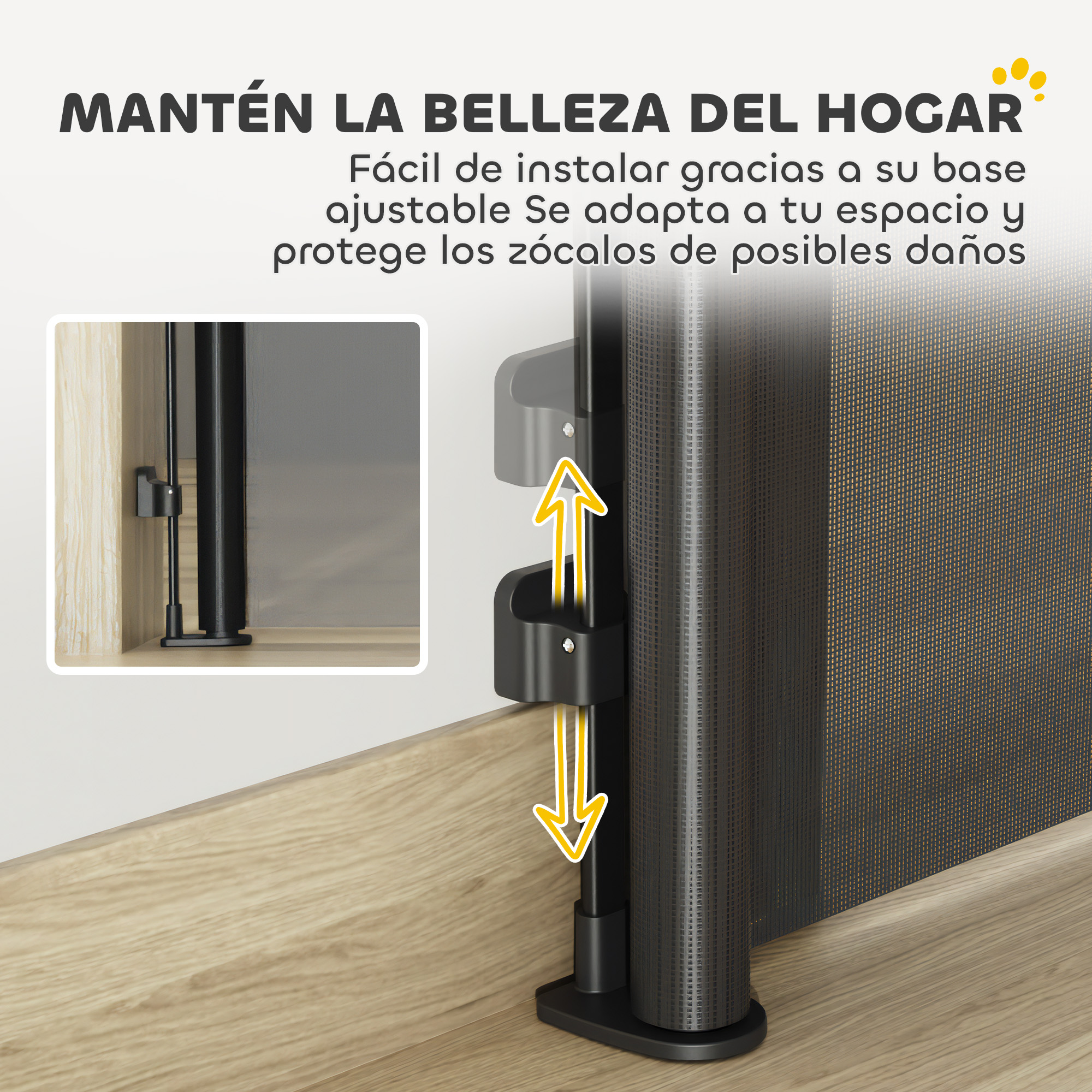 Una puerta enrollable negra con base ajustable protege los rodapiés.