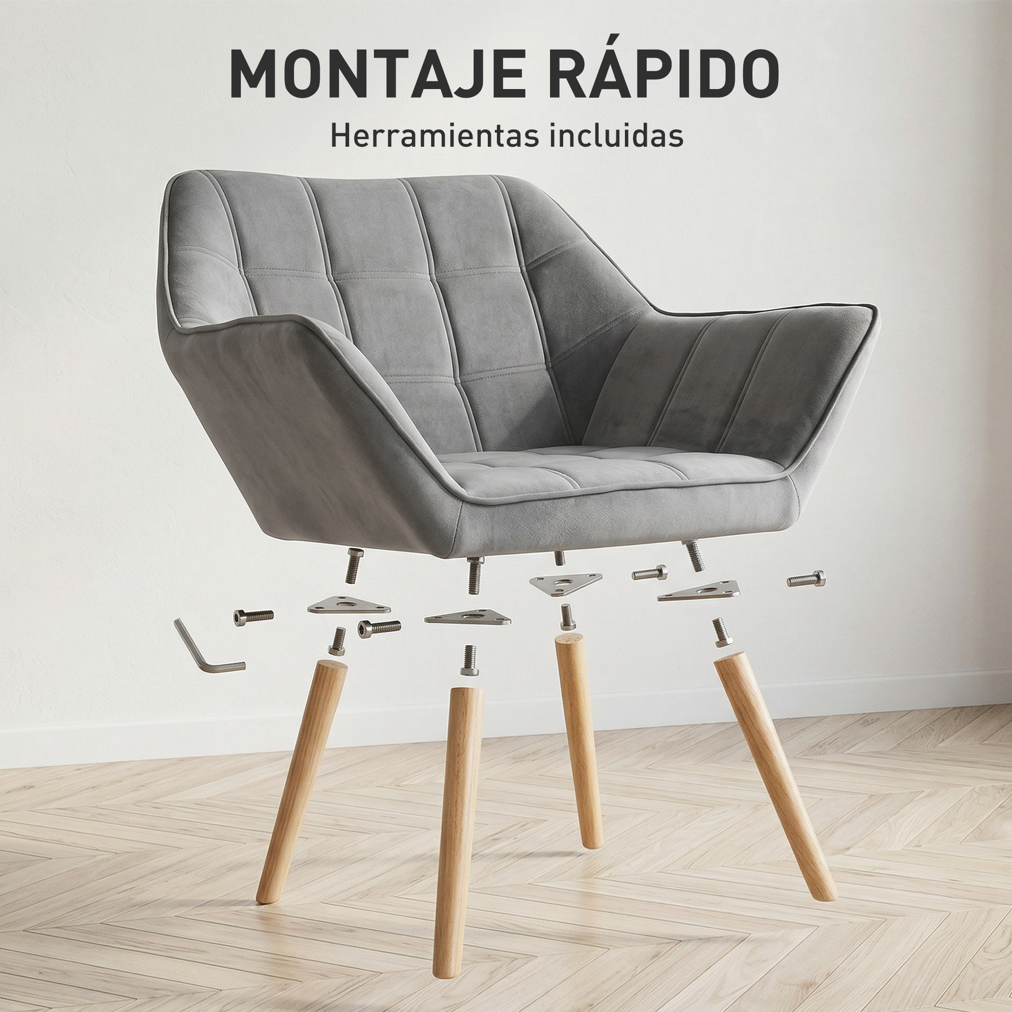 Silla gris con patas de madera siendo ensamblada. Tornillos y herramienta visibles.
