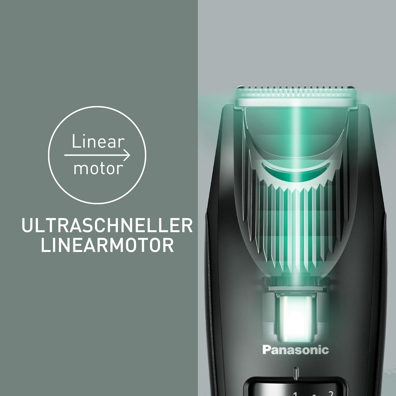 Zbliżenie czarnej maszynki z podświetlanym silnikiem liniowym.