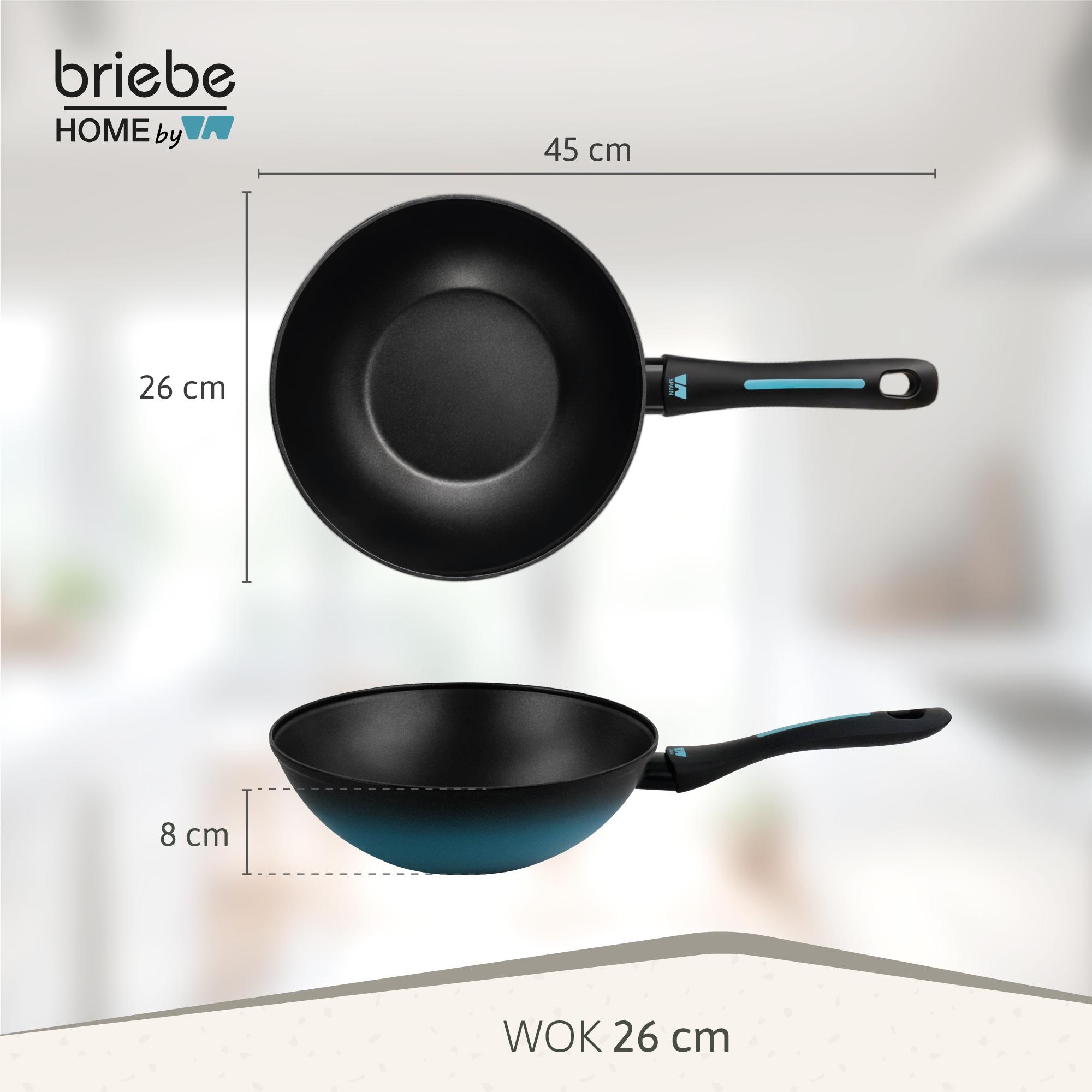 Un wok negro con borde azul, 26 cm de diámetro y 45 cm de largo.