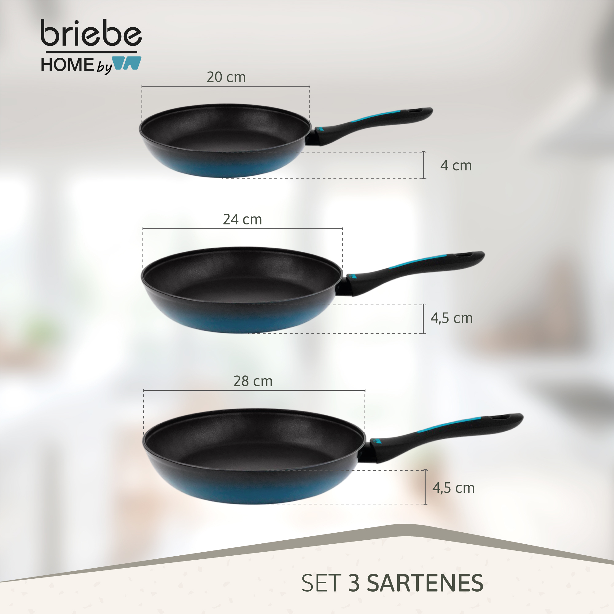 Tres sartenes de diferentes tamaños con mangos negros y detalles azules.