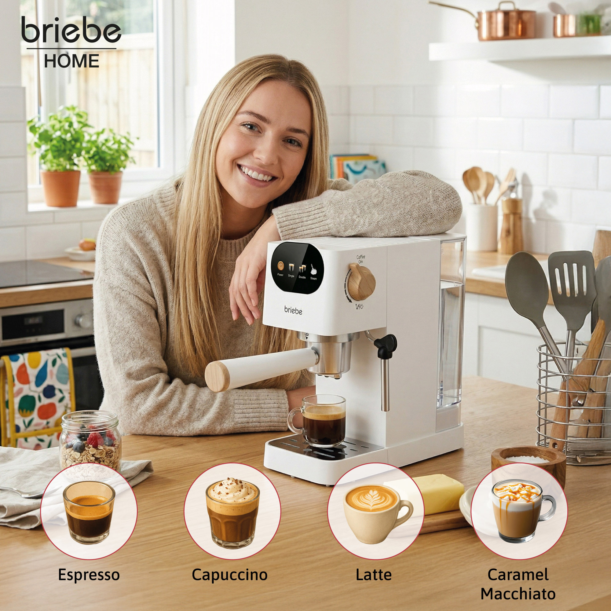 Eine Frau lächelt neben einer weißen Kaffeemaschine mit vier Kaffeevarianten.