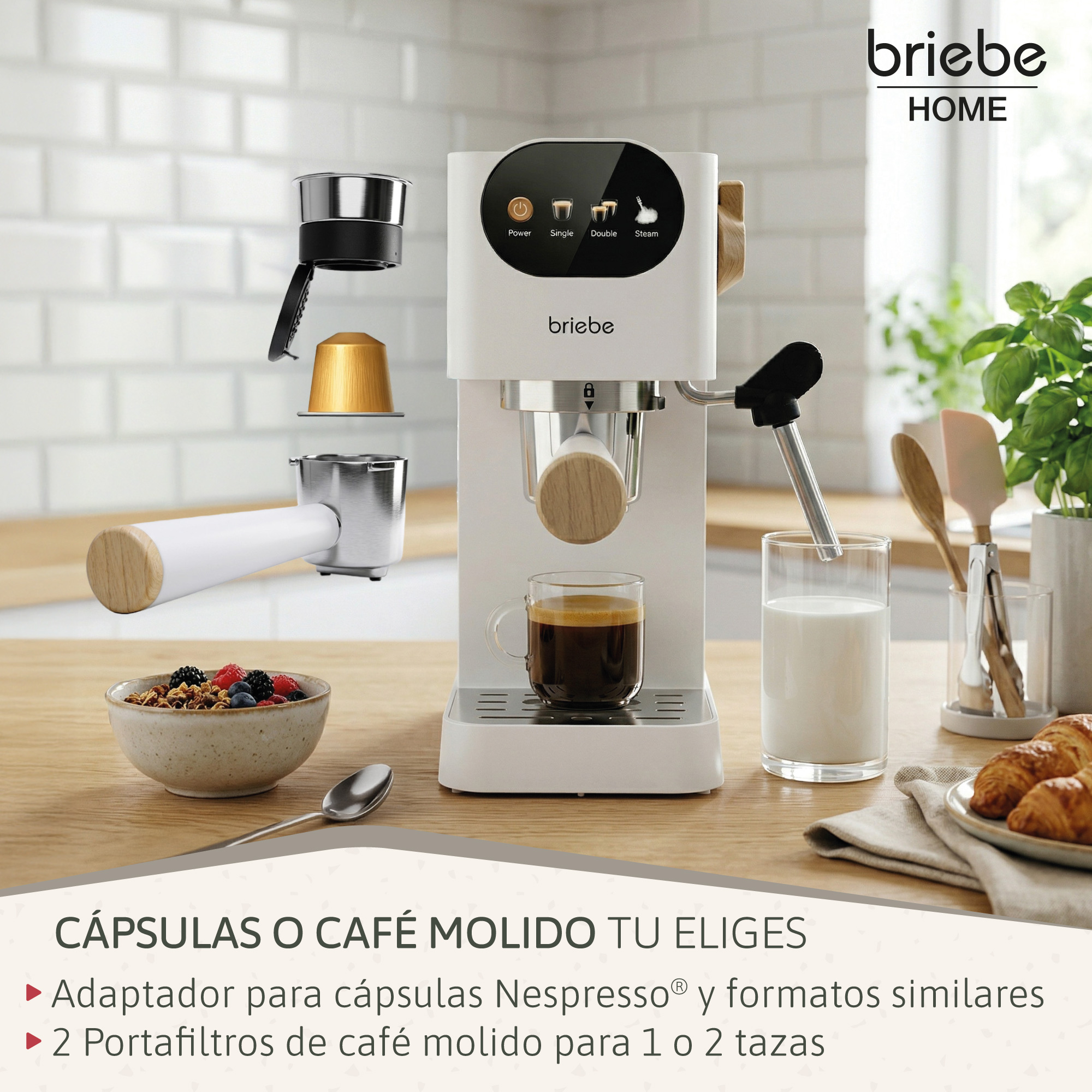 Weiße Espressomaschine mit Zubehör, Kaffee, Milch und Gebäck.
