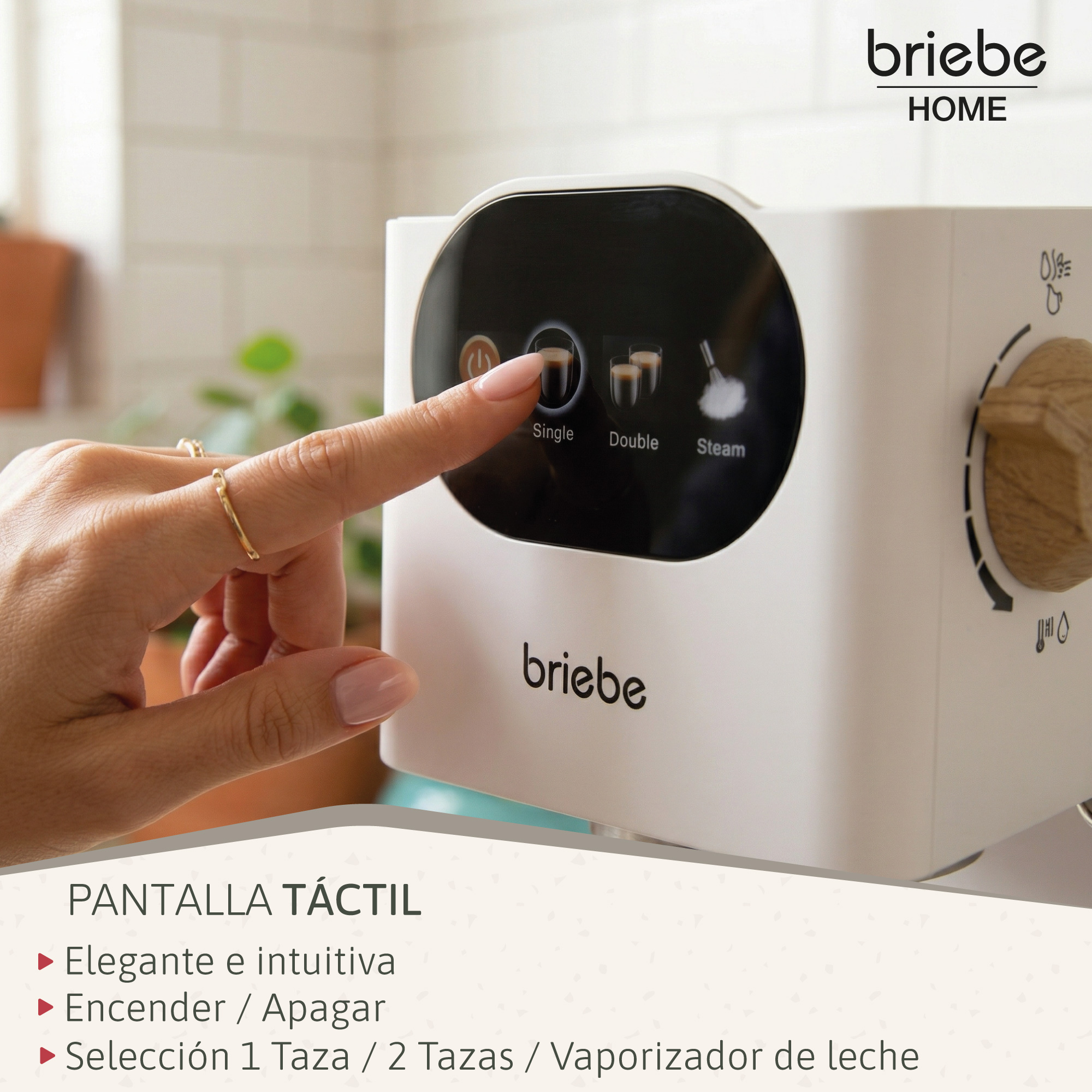 Eine Hand berührt den Touchscreen einer weißen Kaffeemaschine mit Optionen für Single, Double und Steam.