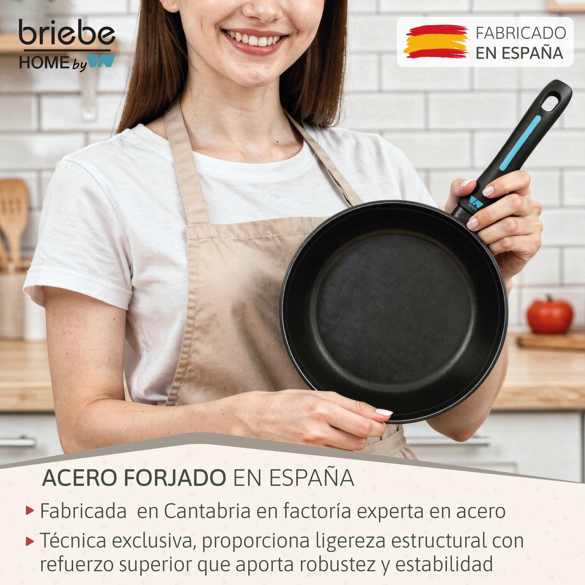 Una mujer sujeta una sartén con texto "Fabricado en España".