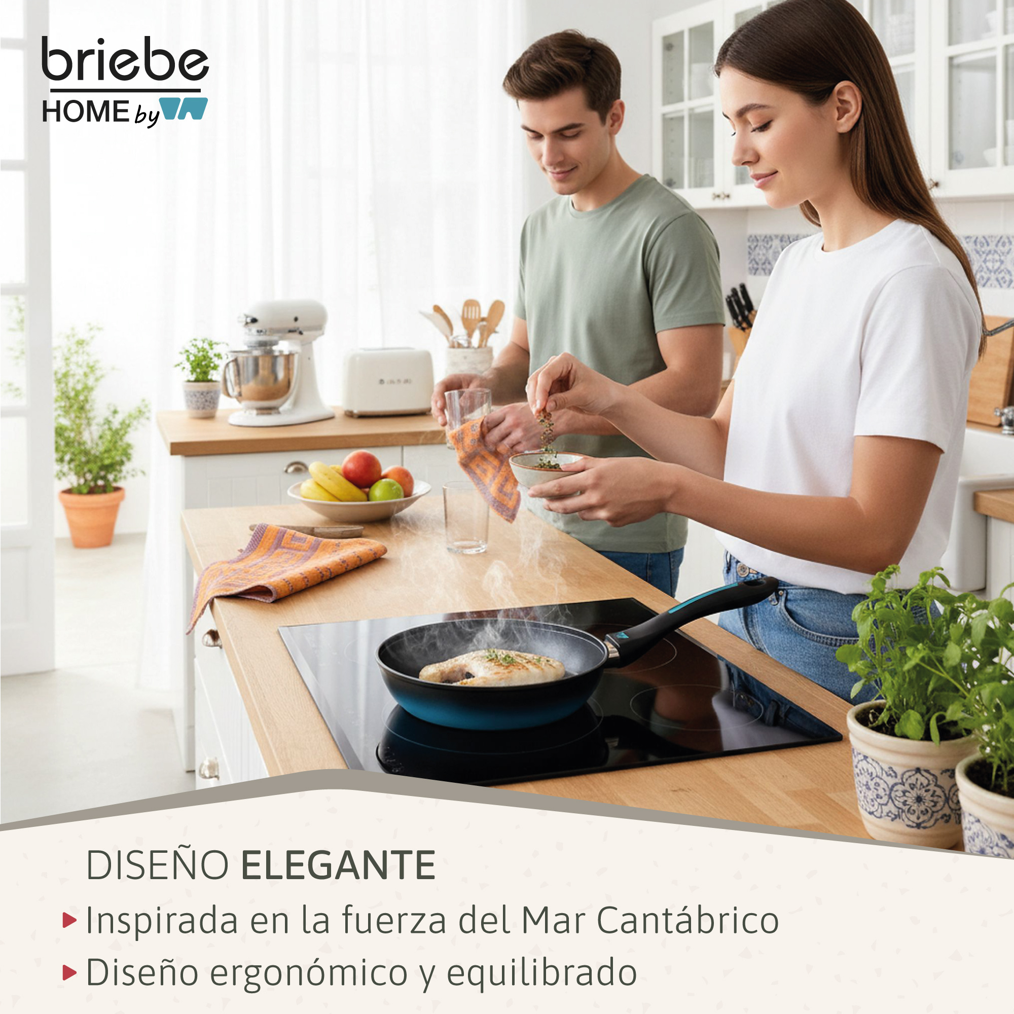 Hombre y mujer cocinando en cocina moderna. Pescado se fríe en sartén.