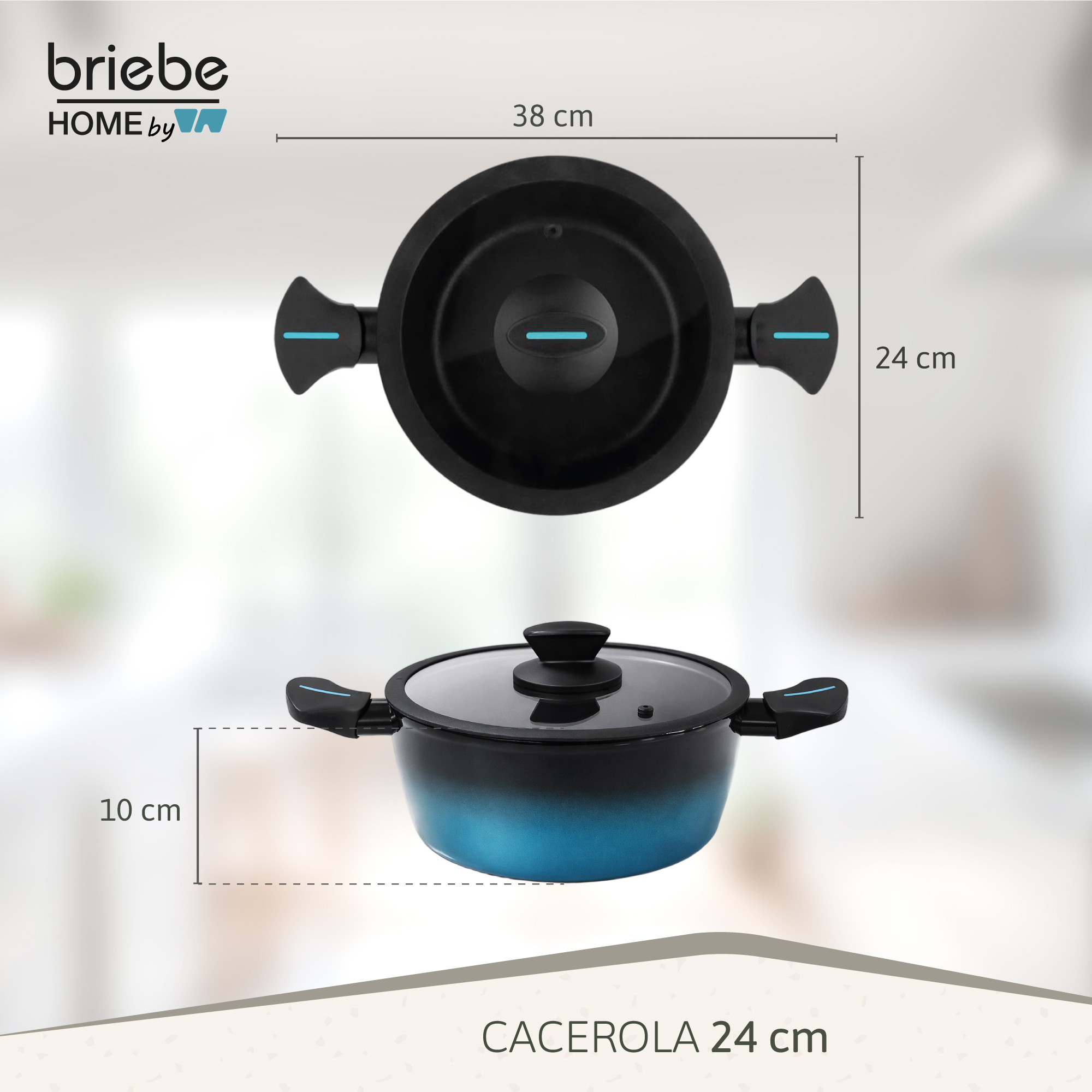 Cacerola negra con tapa, degradado azul, asas y dimensiones.