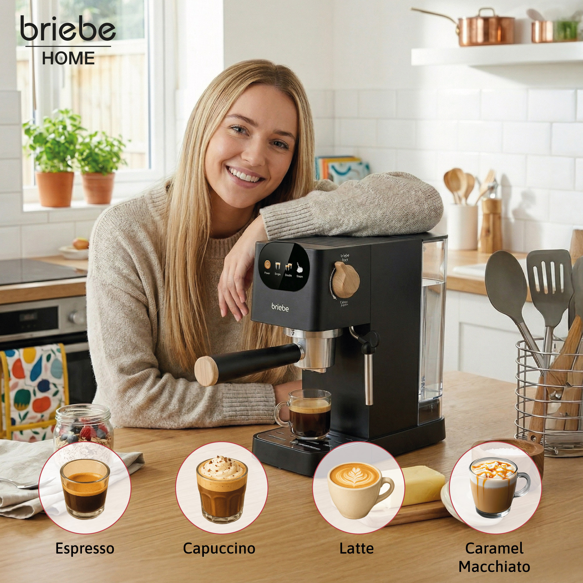 Eine Frau lächelt neben einer Espressomaschine, daneben vier Kaffeekreationen.