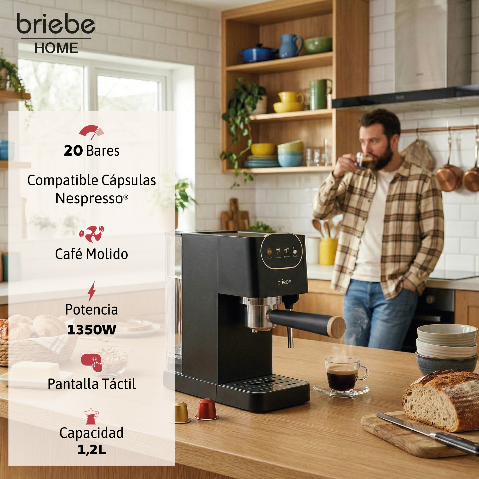 Ein Mann trinkt Kaffee in einer Küche mit einer schwarzen Kaffeemaschine, Brot und Gebäck.
