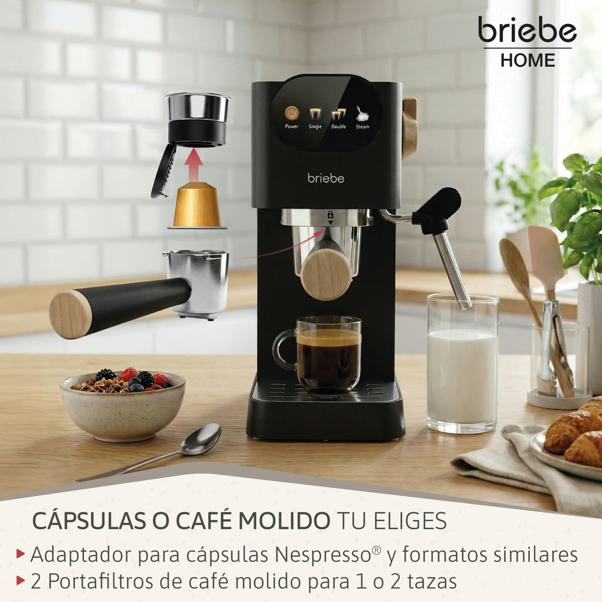 Eine schwarze Espressomaschine mit Zubehör, Milch und Kaffee.