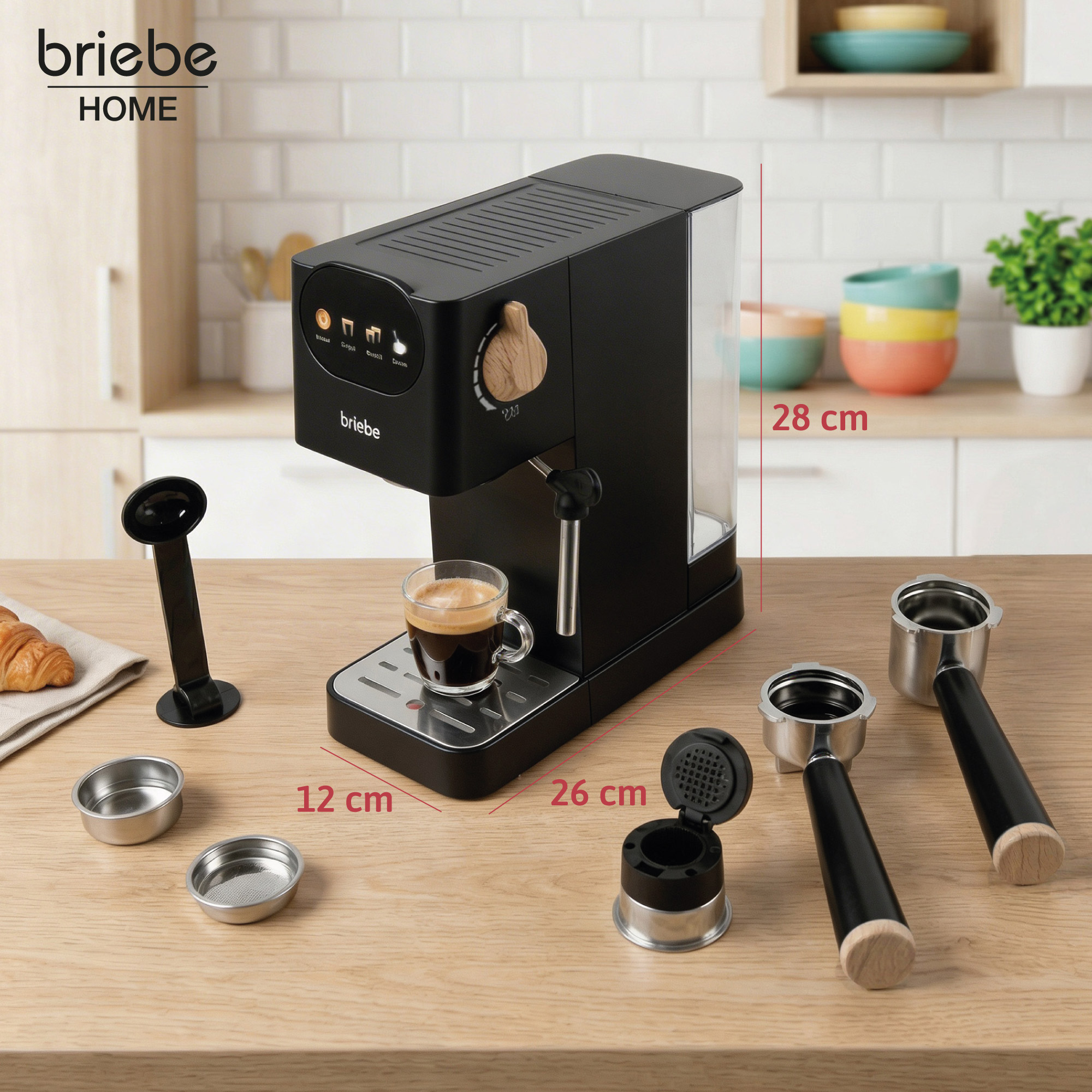 Eine schwarze Espressomaschine mit einem Espresso, Zubehör und Abmessungen.