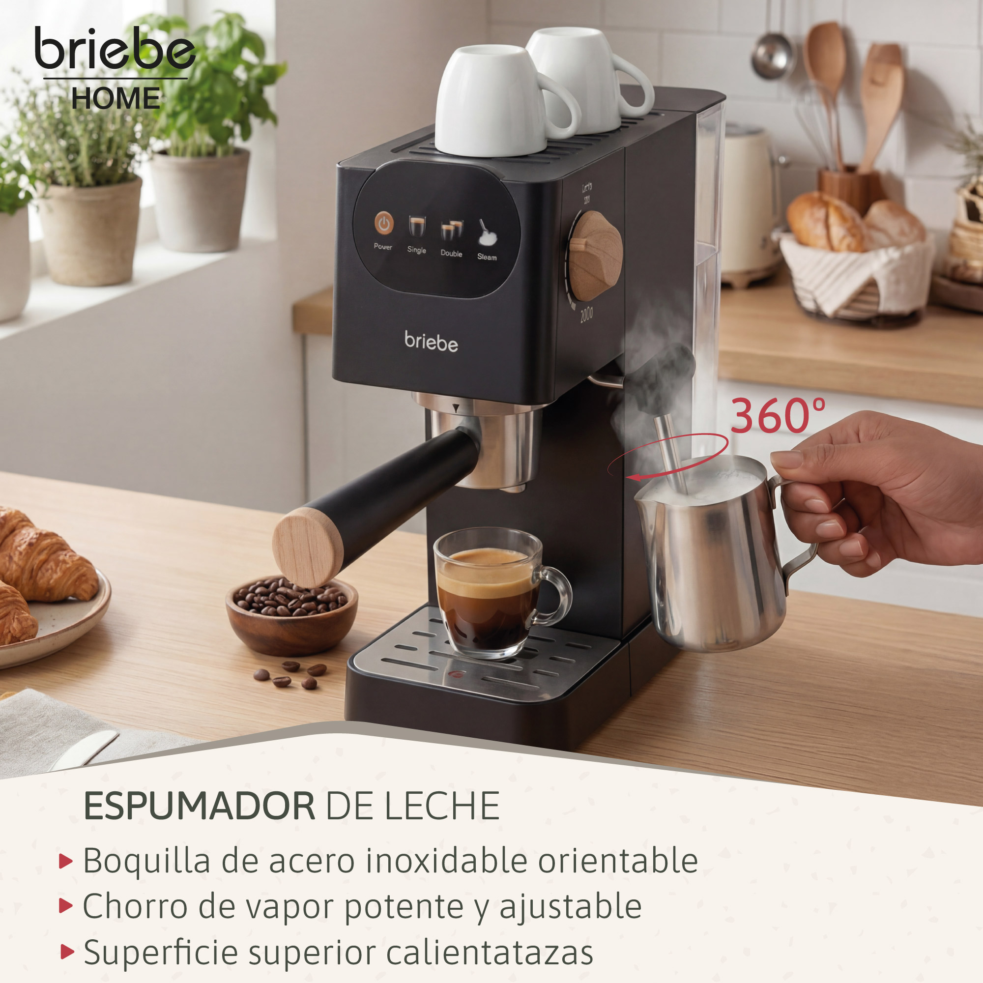 Eine Espressomaschine mit Milchaufschäumer, Kaffeebohnen, Croissants und Tassen.
