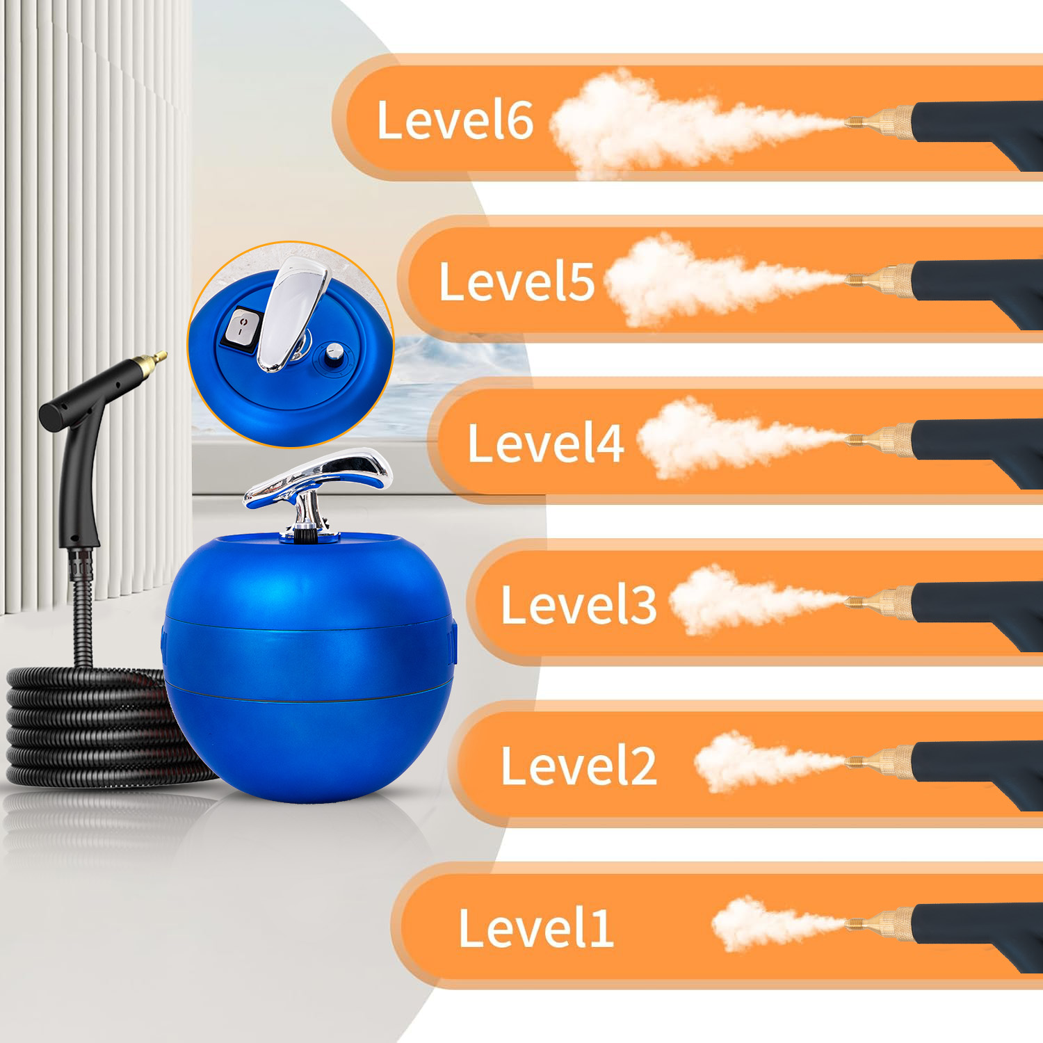 Niebieski kulisty parowiec z czarnym wężem i dyszą, pokazany z 6 poziomami pary.