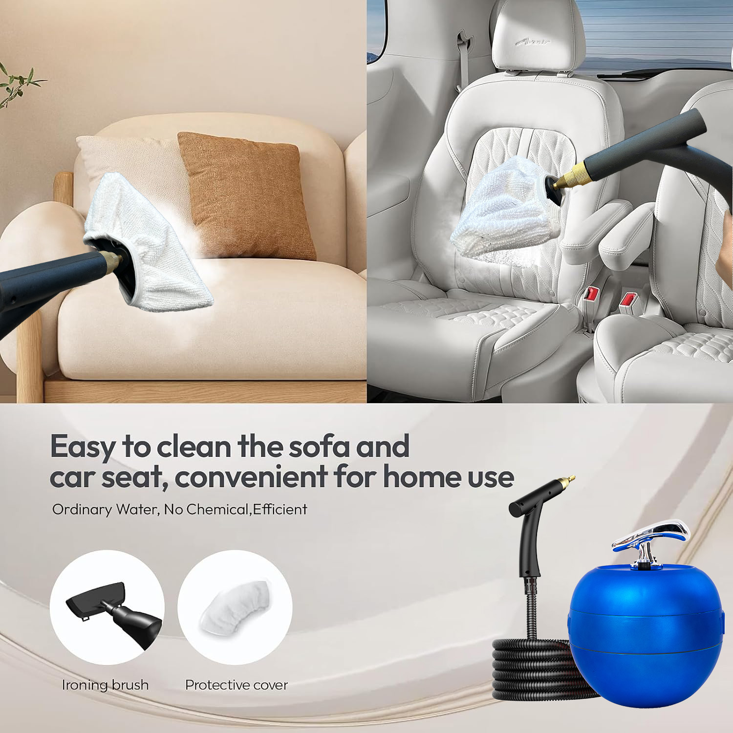 Parownica czyści sofę i fotel samochodowy szczotką do prasowania i pokrowcem.