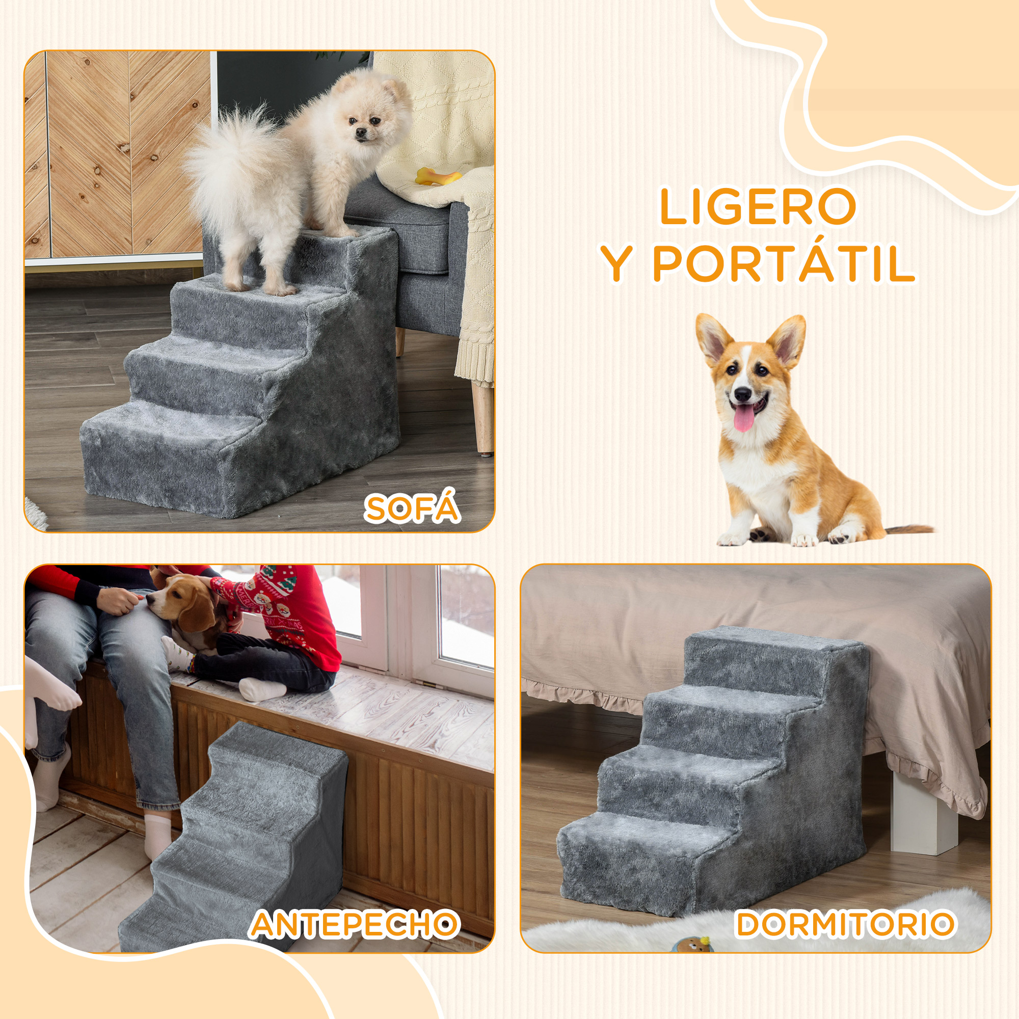 Escalones grises para perros junto a una cama; un corgi se sienta al lado.