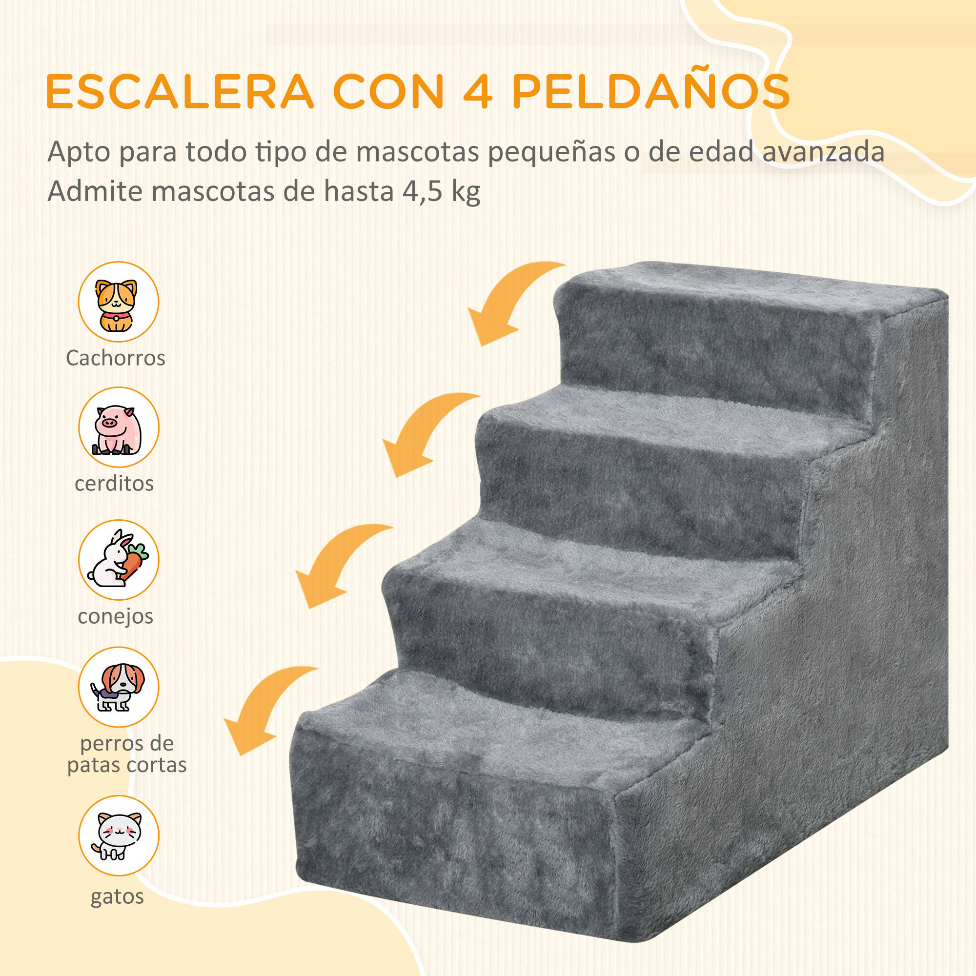 Escalera gris de cuatro peldaños para mascotas, ideal para pequeñas y mayores.