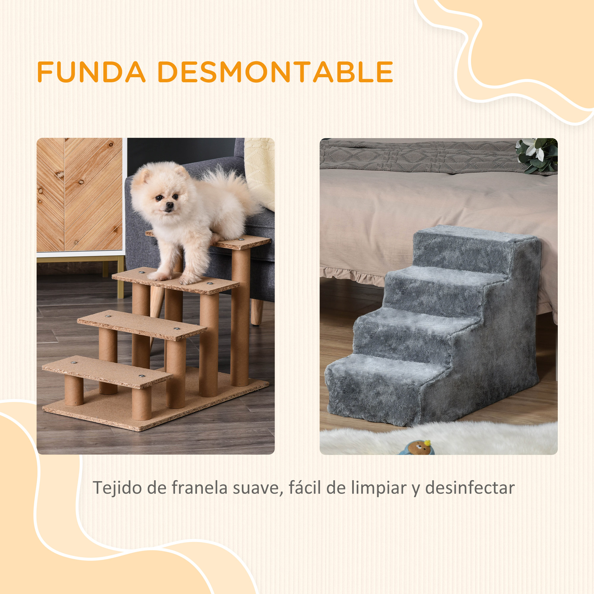 Un perro blanco pequeño en escalones de madera junto a una escalera de peluche gris.