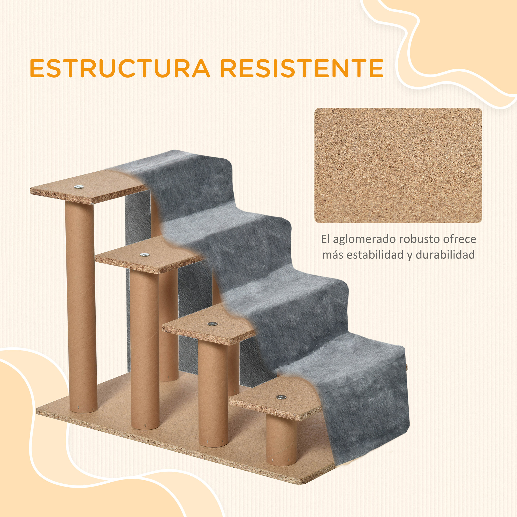 Árbol rascador de gato de madera con escalones grises y postes, y primer plano de aglomerado.