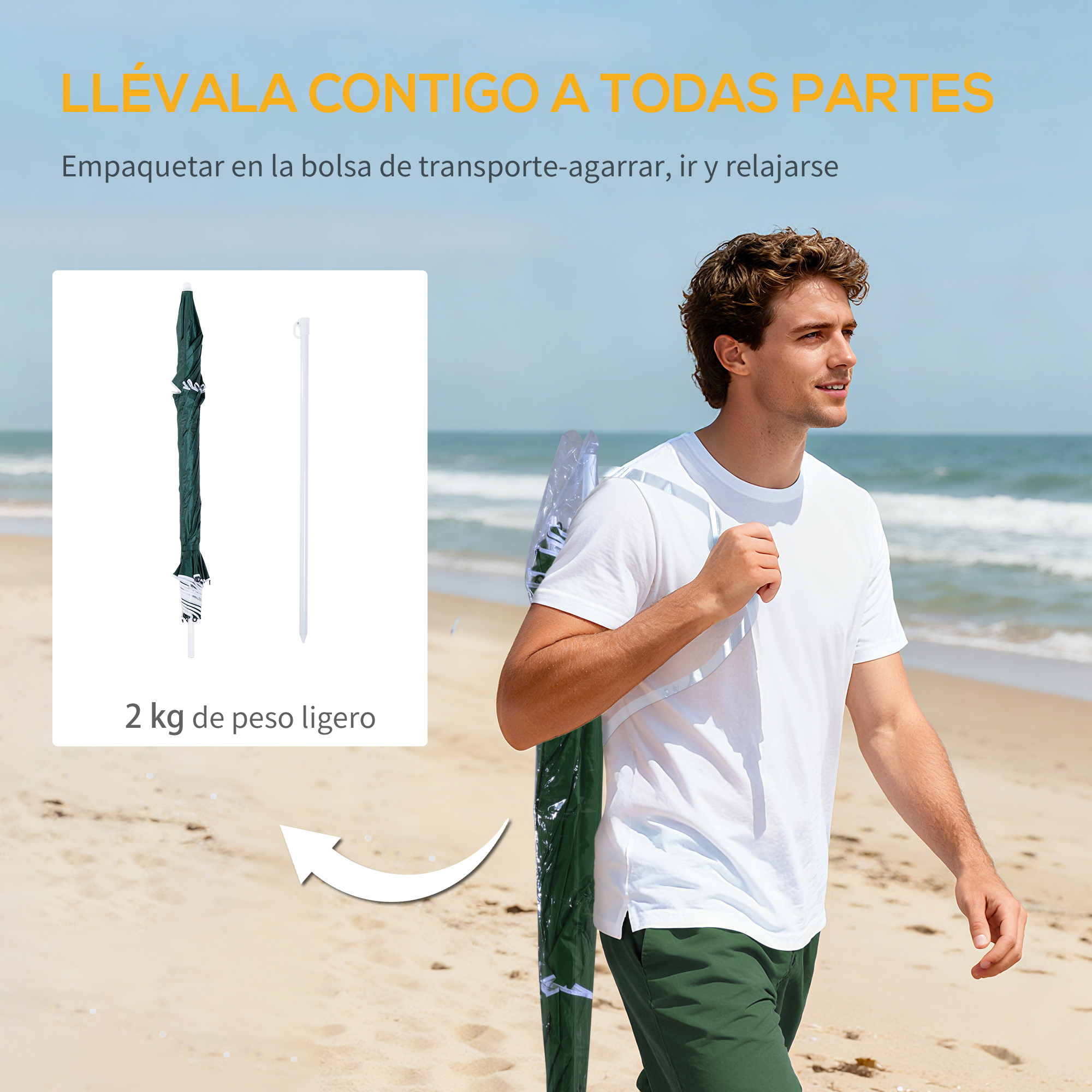 Hombre con bolsa de sombrilla en la playa. Transporte ligero de 2kg.
