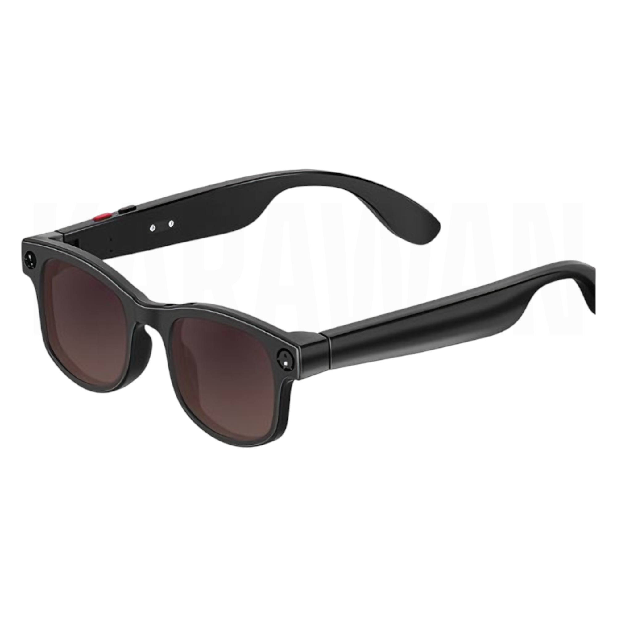 Gafas de sol negras con lentes marrones y botón rojo en la patilla.