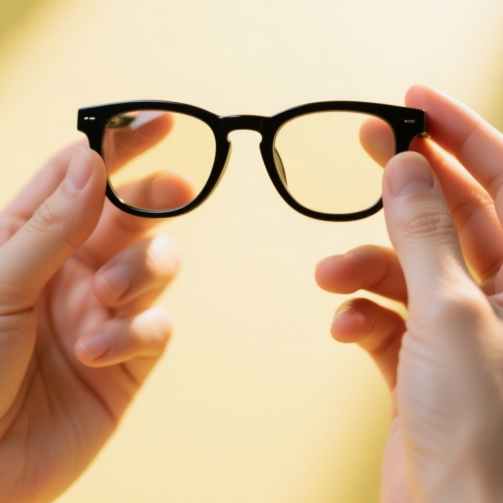 Dos manos sostienen unas gafas negras sobre un fondo amarillo borroso.
