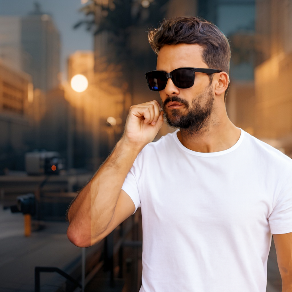 Hombre con gafas de sol y camiseta blanca se toca la barba, fondo urbano.