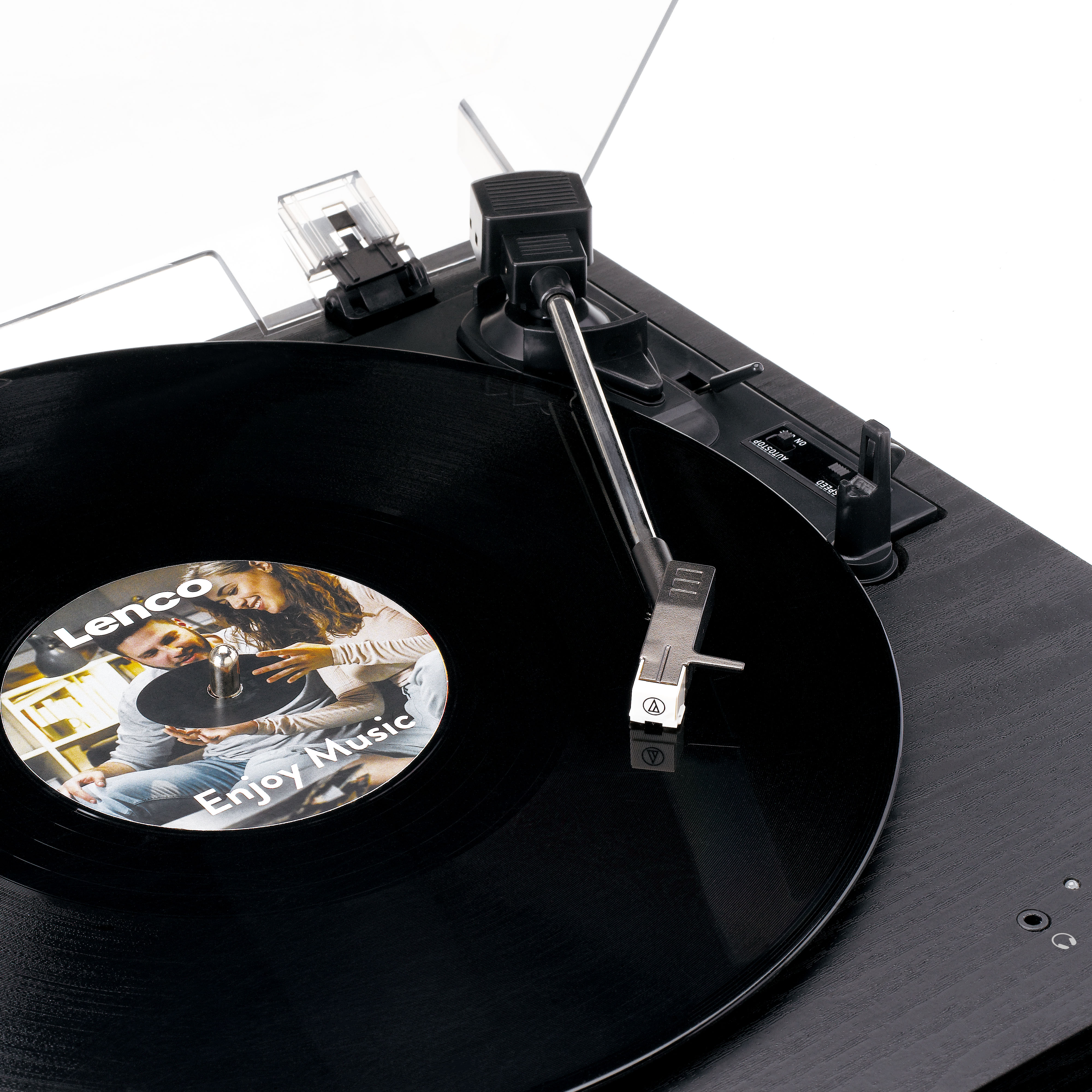Black turntable with vinyl record, Lenco logo, and happy couple image.