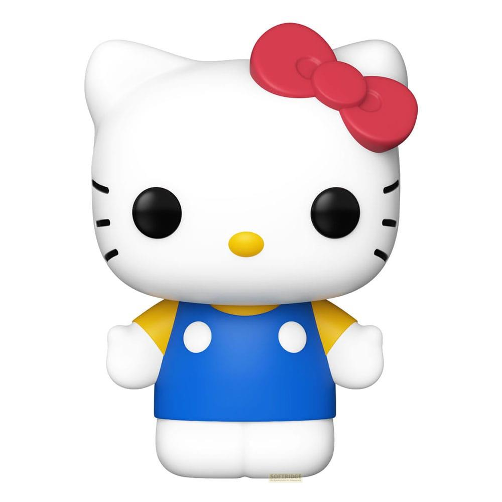 Figura blanca de Hello Kitty con lazo rojo y mono azul. Fondo liso.