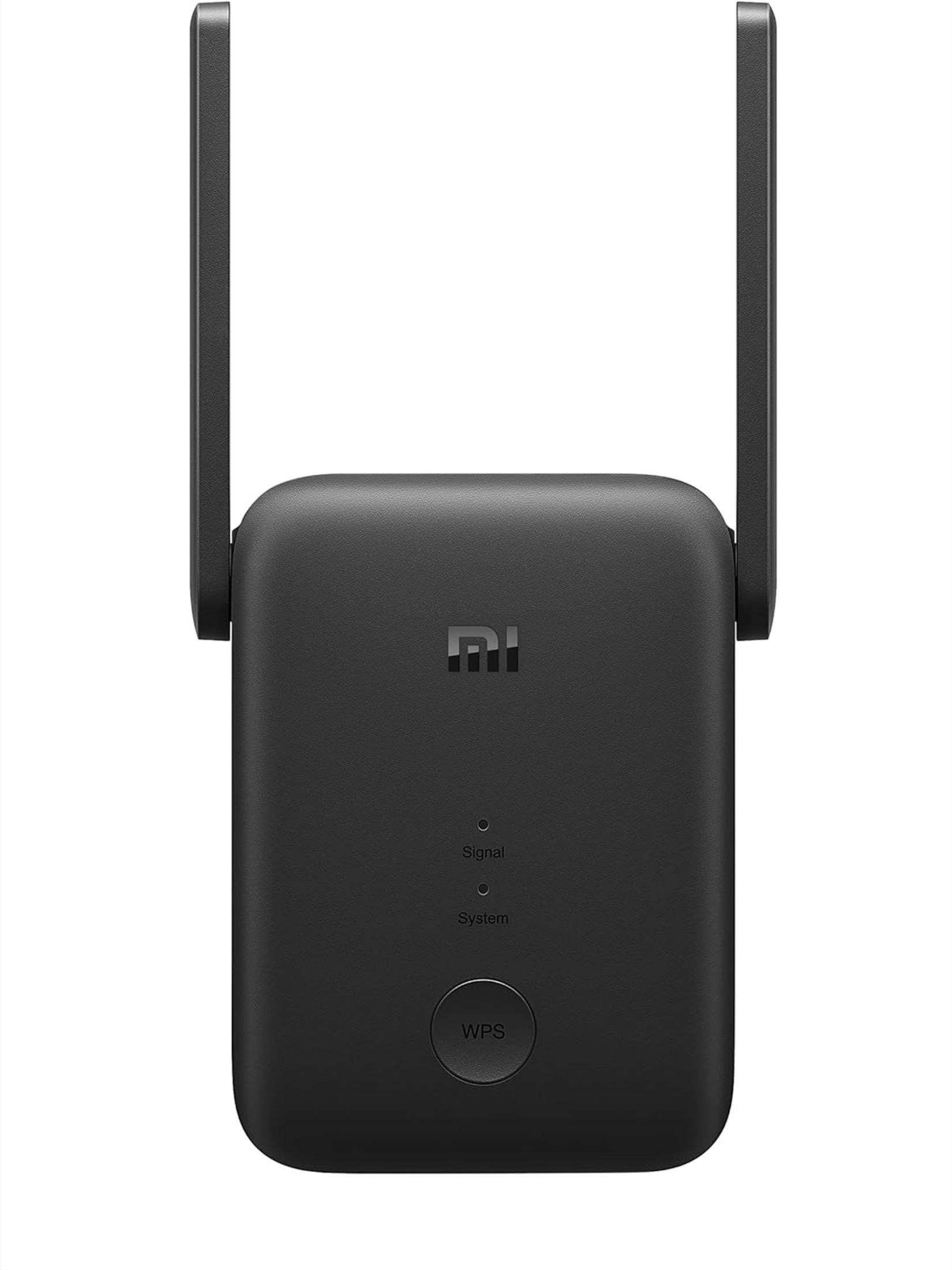 Ripetitore Wi-Fi nero con due antenne e pulsante WPS.