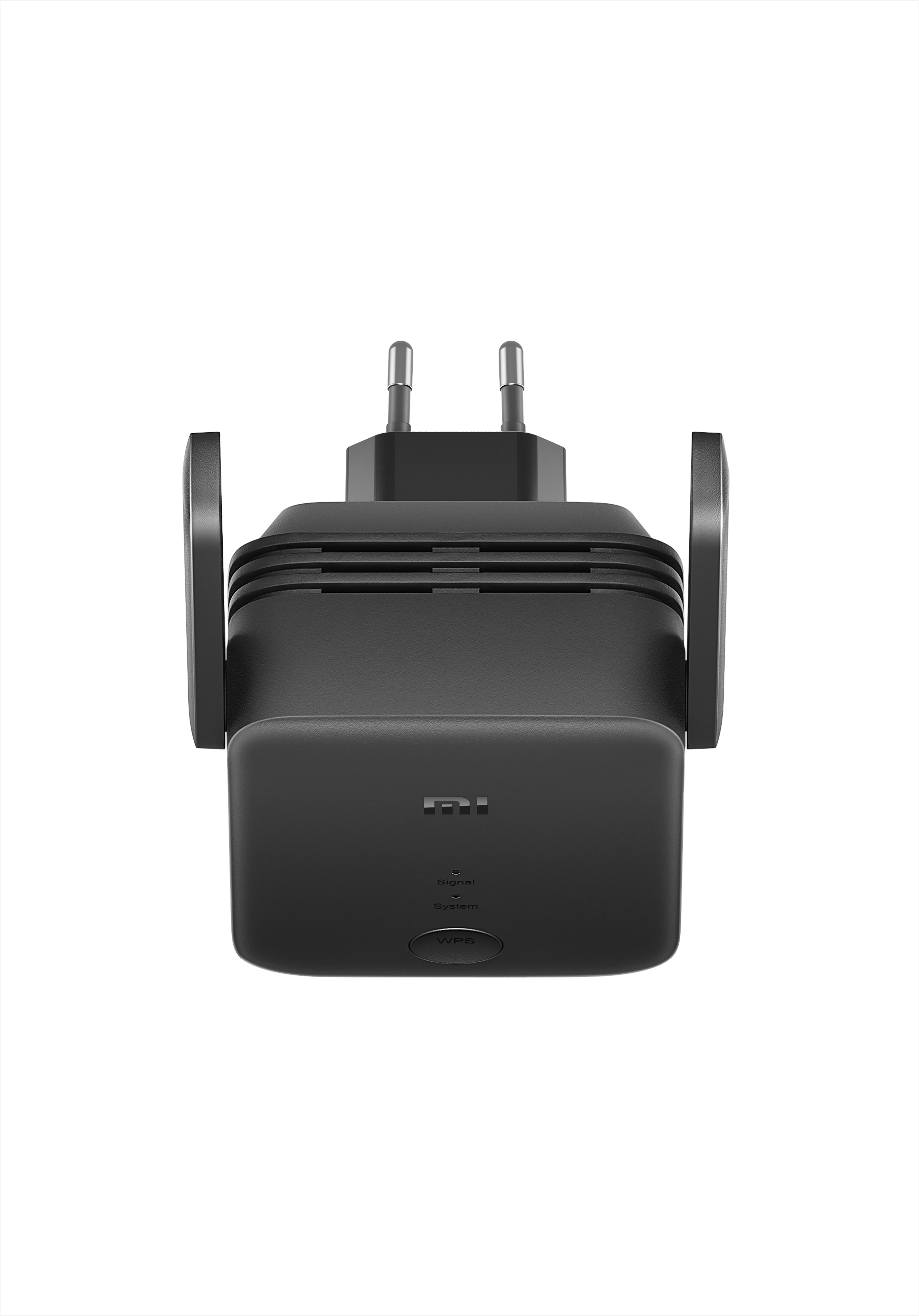 Ripetitore WiFi nero con spina, antenne e pulsante WPS.