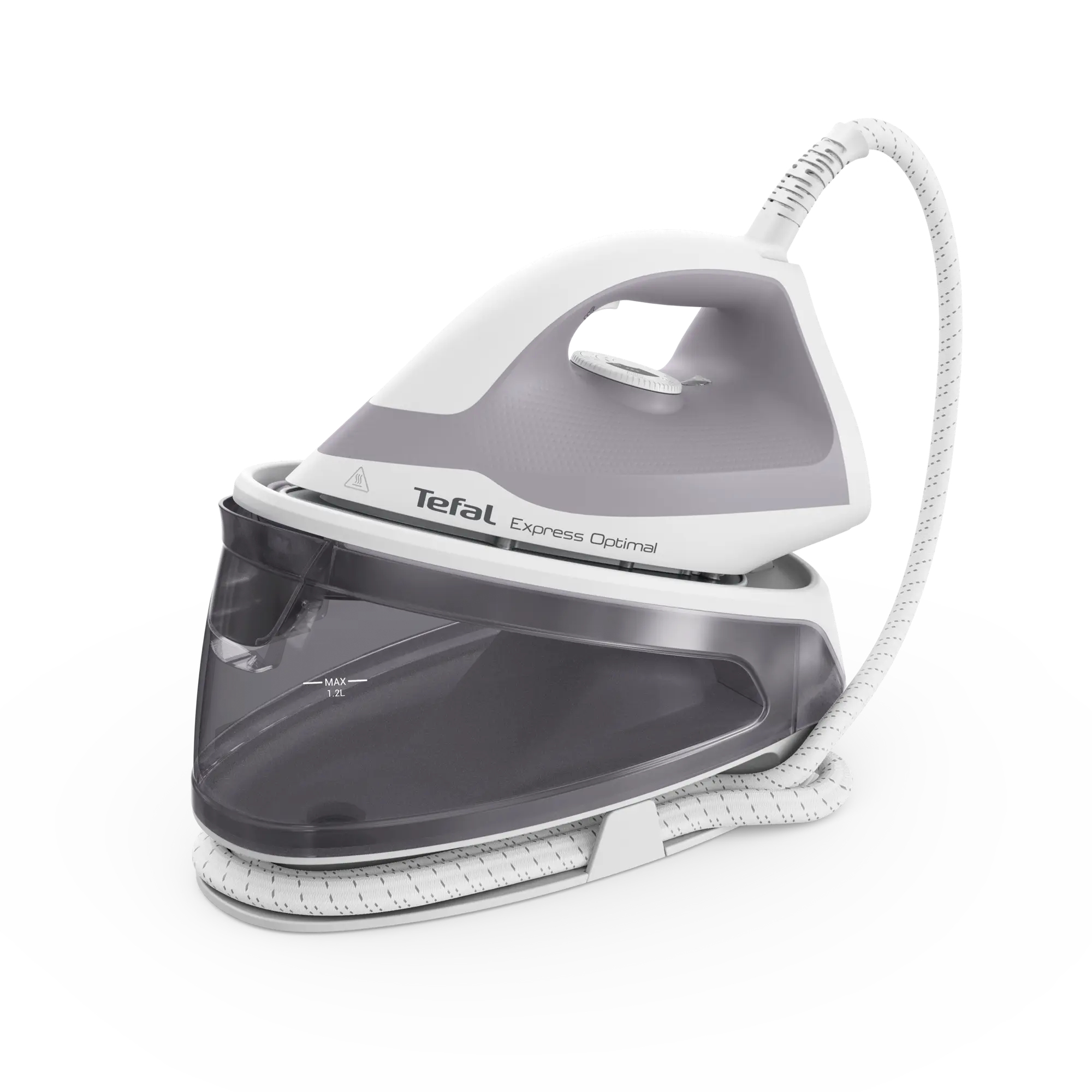 Beyaz ve gri Tefal Express Optimal buharlı ütü ve su haznesi.
