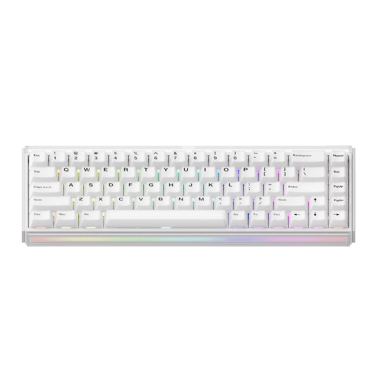 Alt kenarında RGB aydınlatmalı beyaz kompakt mekanik klavye.