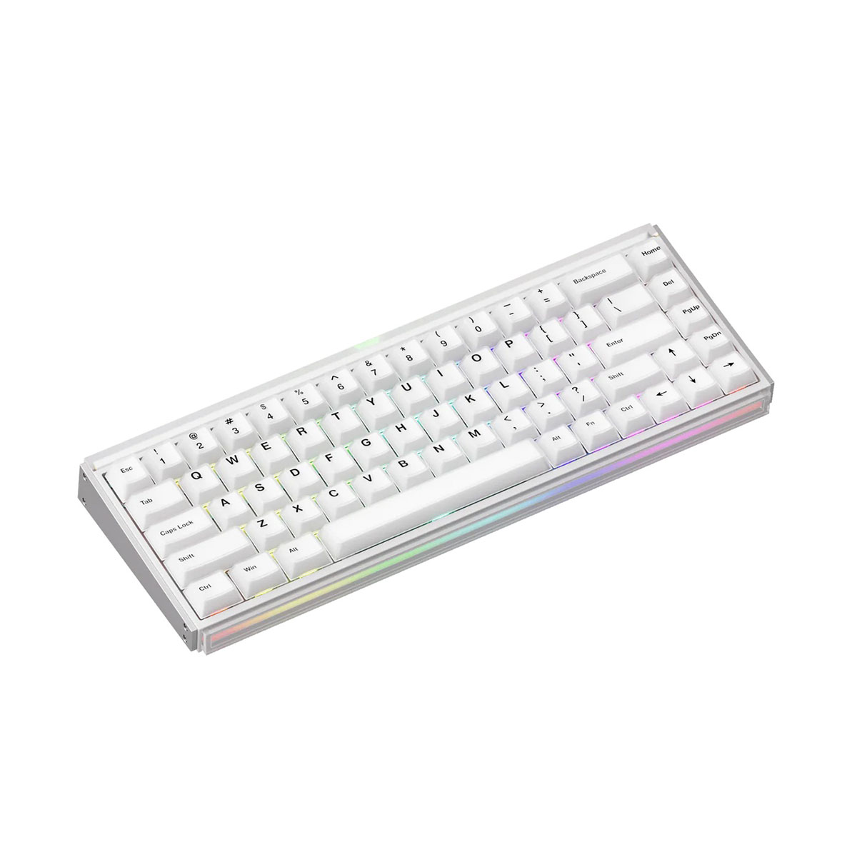 Beyaz arka plan üzerinde RGB aydınlatmalı beyaz mekanik klavye.
