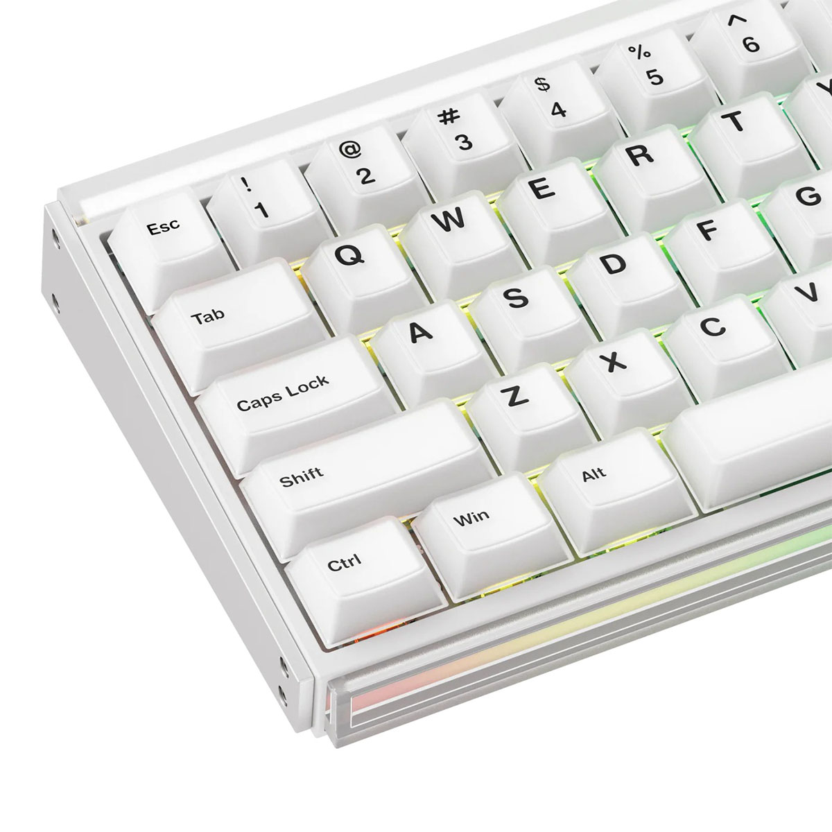 RGB aydınlatmalı beyaz mekanik klavye. Esc, Tab, Caps Lock, Shift, Ctrl, Win, Alt tuşlarını gösterir.