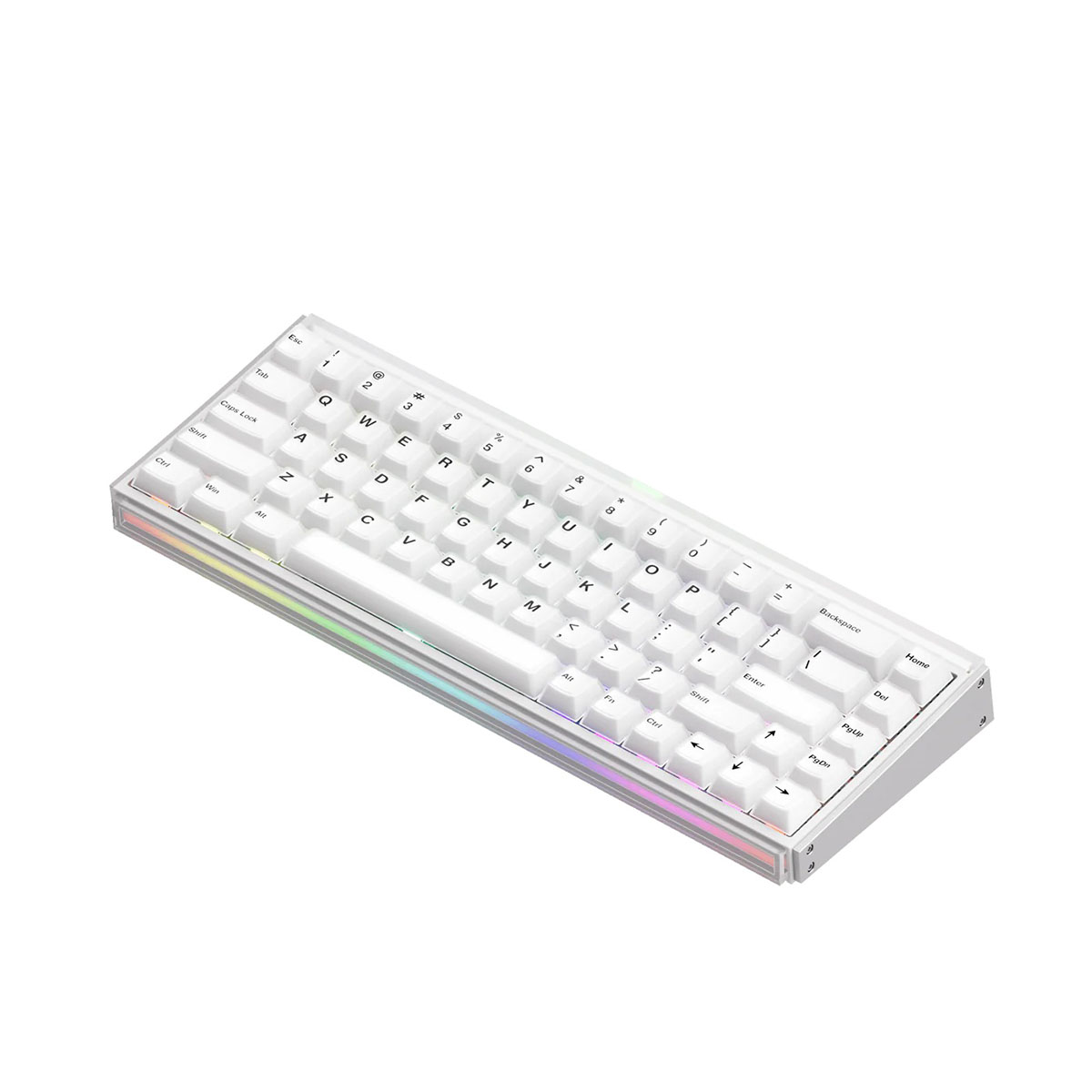 Gökkuşağı RGB aydınlatmasını gösteren şeffaf kasalı beyaz mekanik klavye.