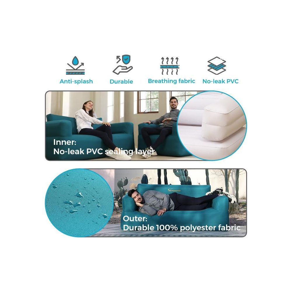 Sıçrama önleyici, dayanıklı, nefes alabilen kumaş ve sızdırmaz PVC ikonlu şişme kanepe.