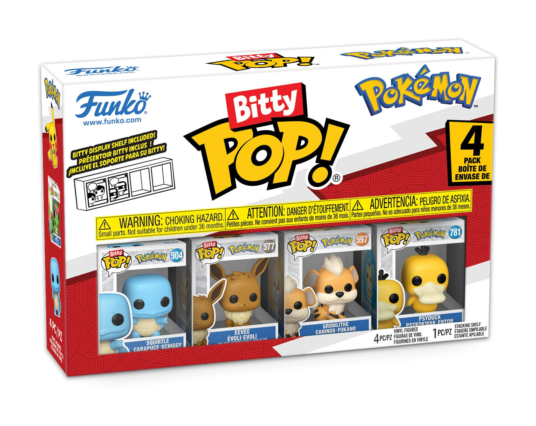 Funko Bitty Pop! Pokémon paquete de 4 con Squirtle, Eevee, Growlithe y Psyduck.
