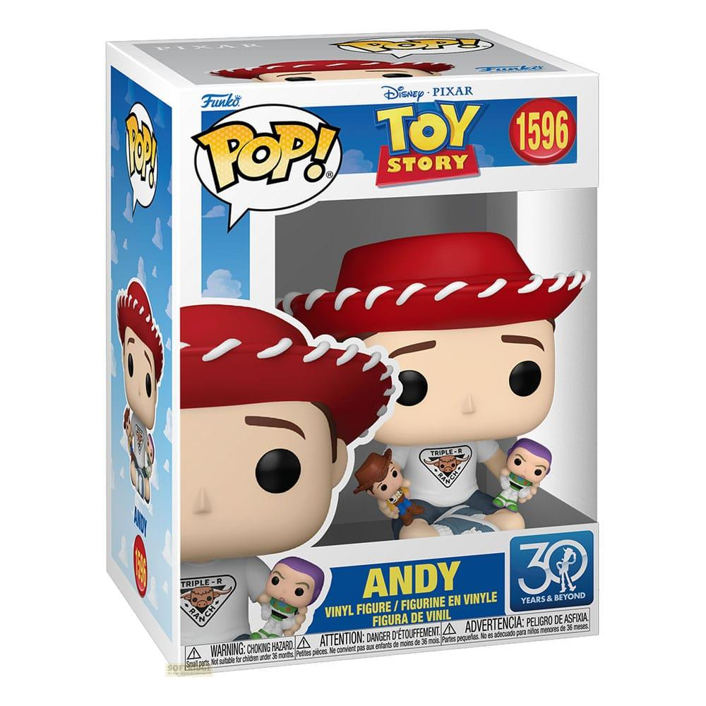 Figura Funko Pop! de Andy de Toy Story con Woody y Buzz Lightyear.