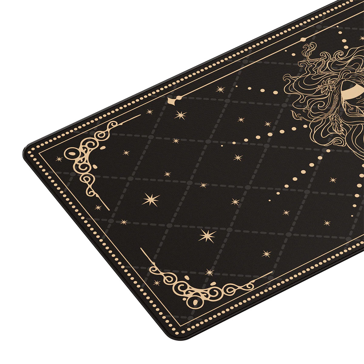Altın yıldızlar ve yüz tasarımı olan siyah mouse pad.