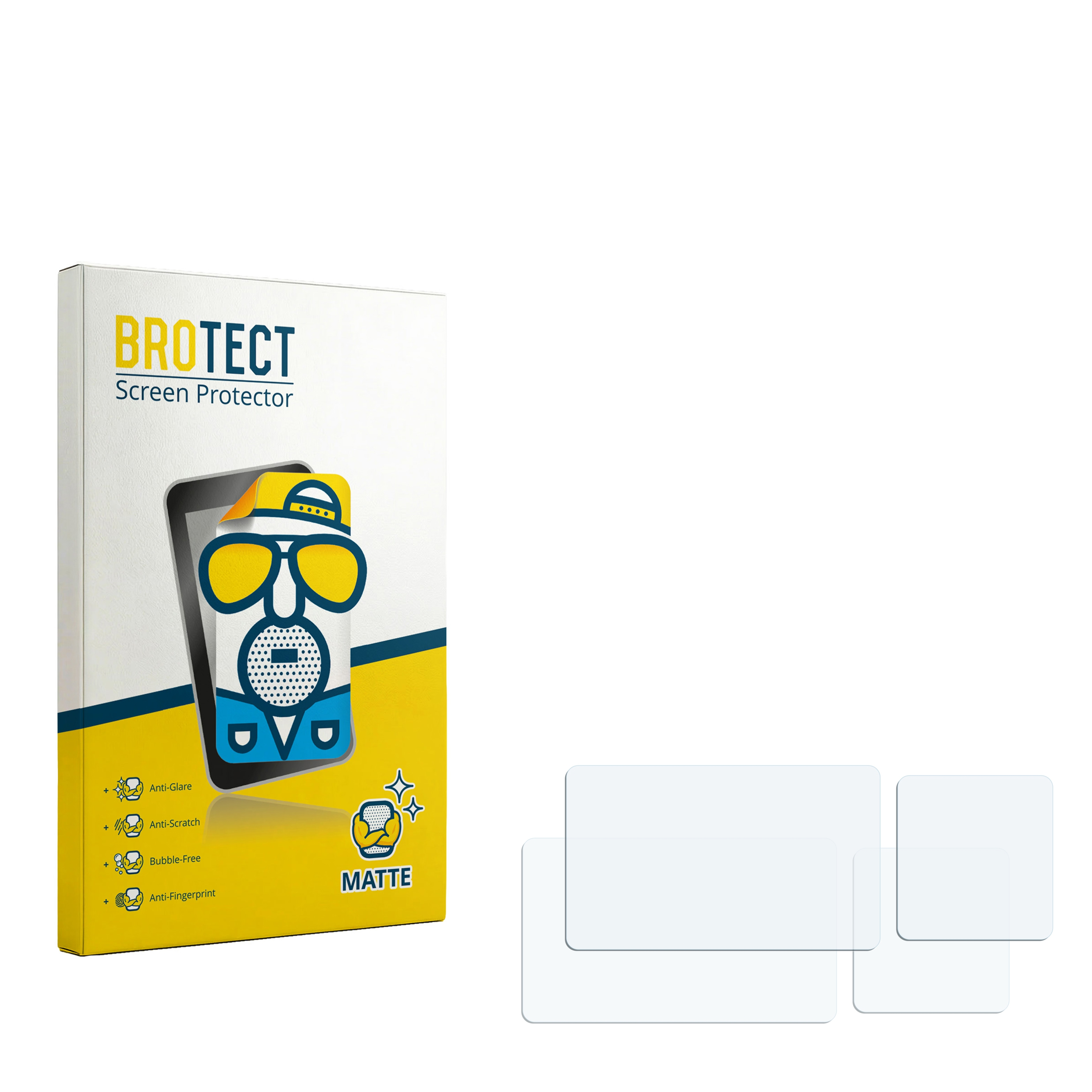 Verpackung für BROTECT Displayschutzfolie, mit Grafik, und drei Folien daneben.